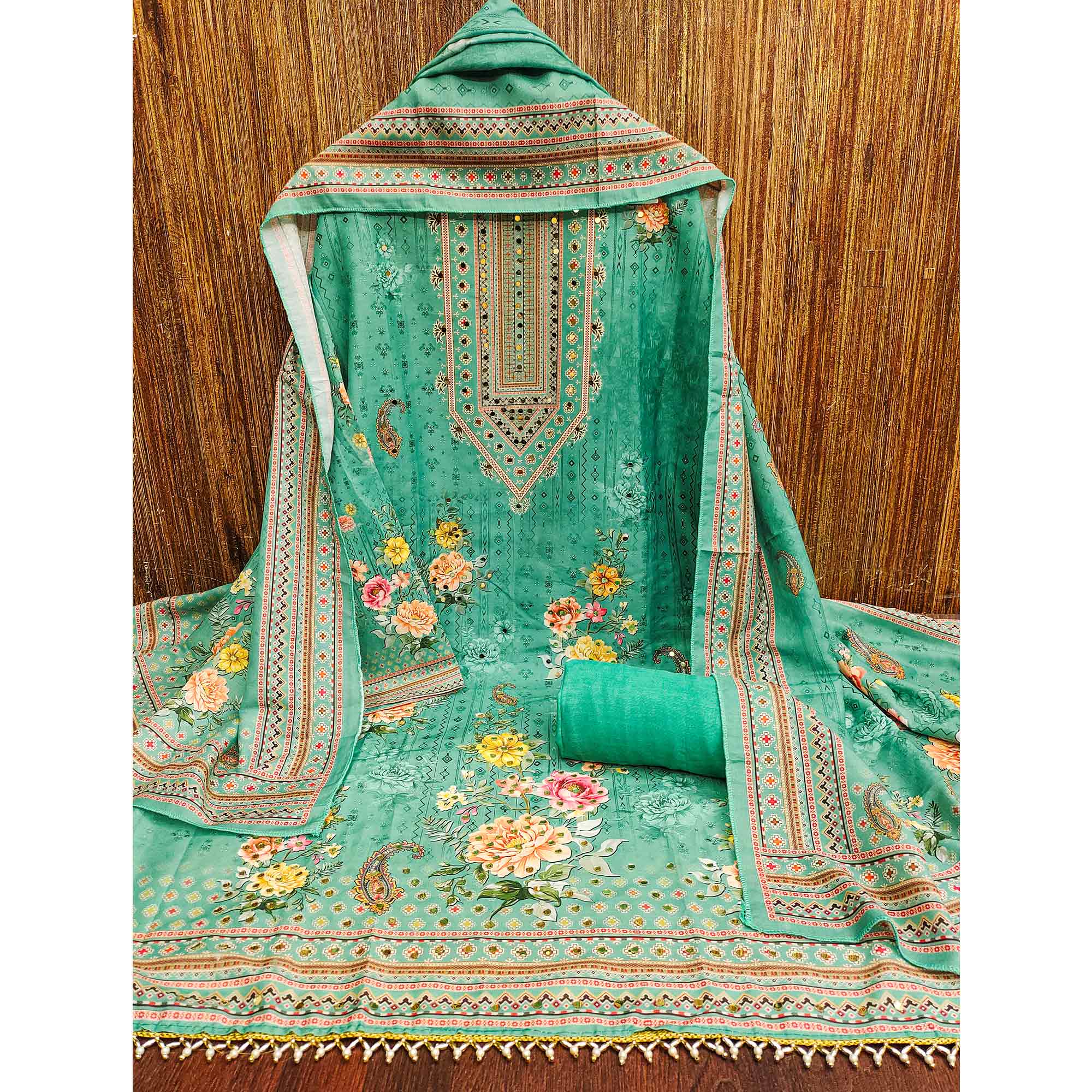 Sea Green Dress Material in Muslin with Delicate Mirror Highlights - Image 3