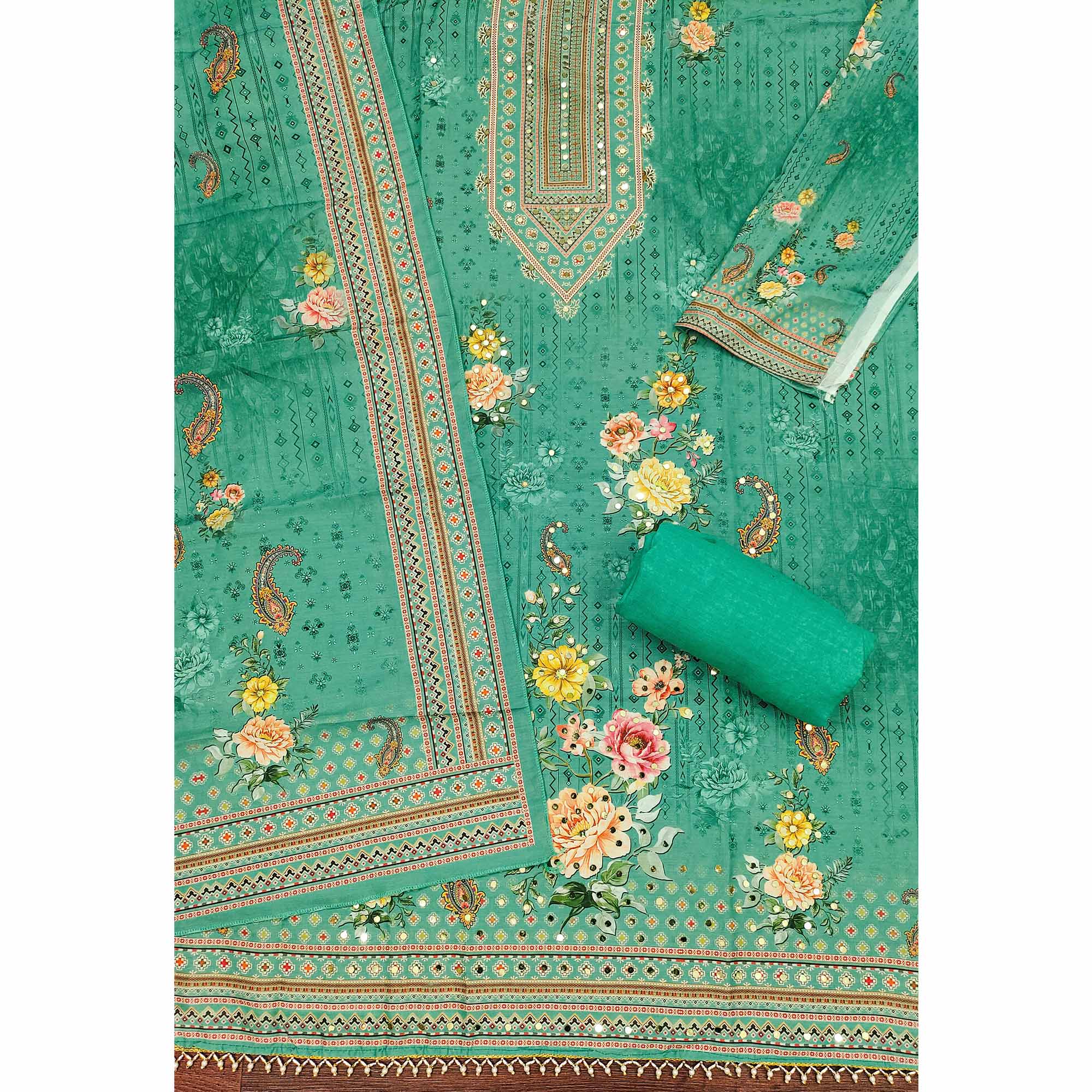 Sea Green Dress Material in Muslin with Delicate Mirror Highlights - Image 4