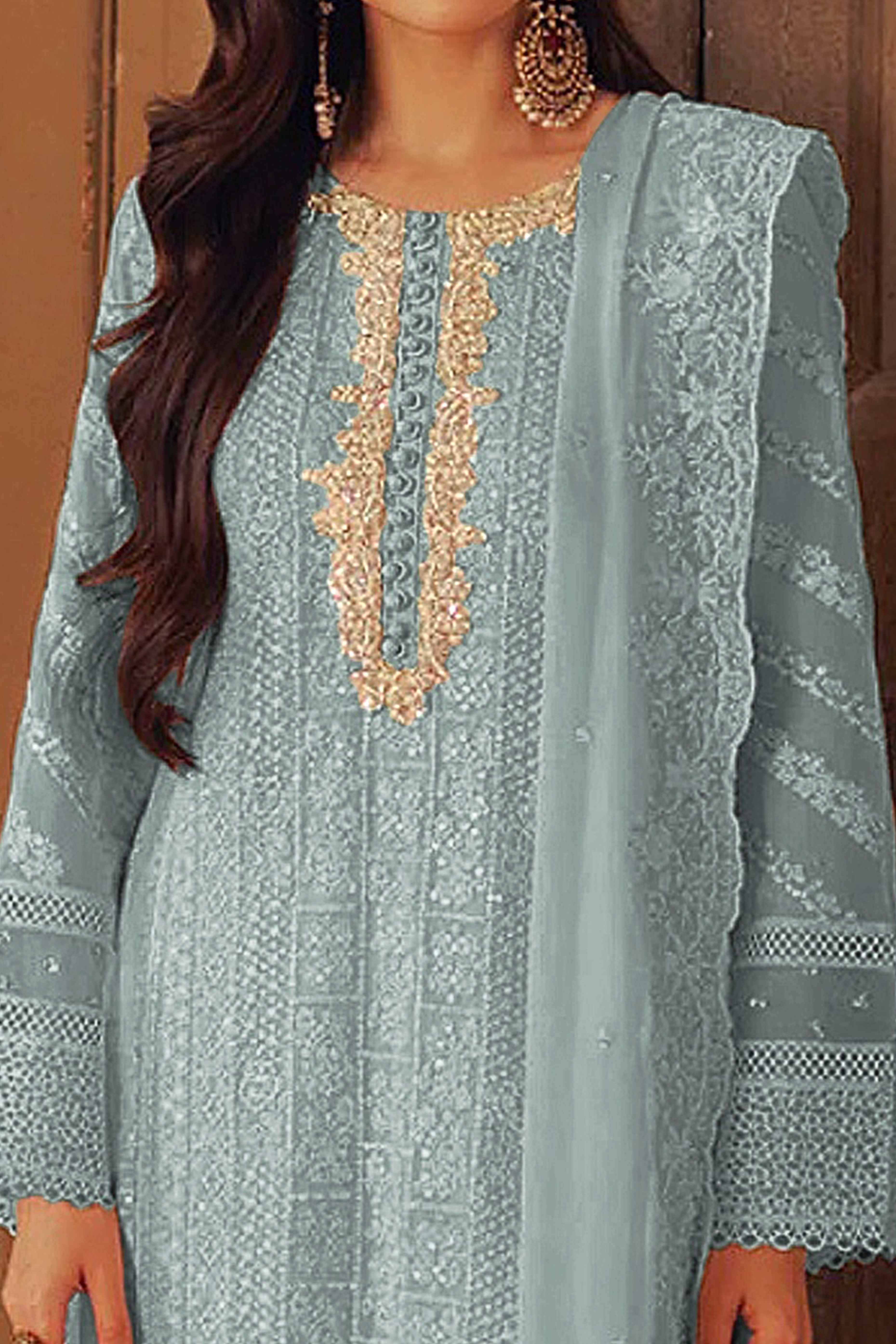 Sea Blue Embroidered Georgette Semi-Stitched Pakistani Suit - Image 2