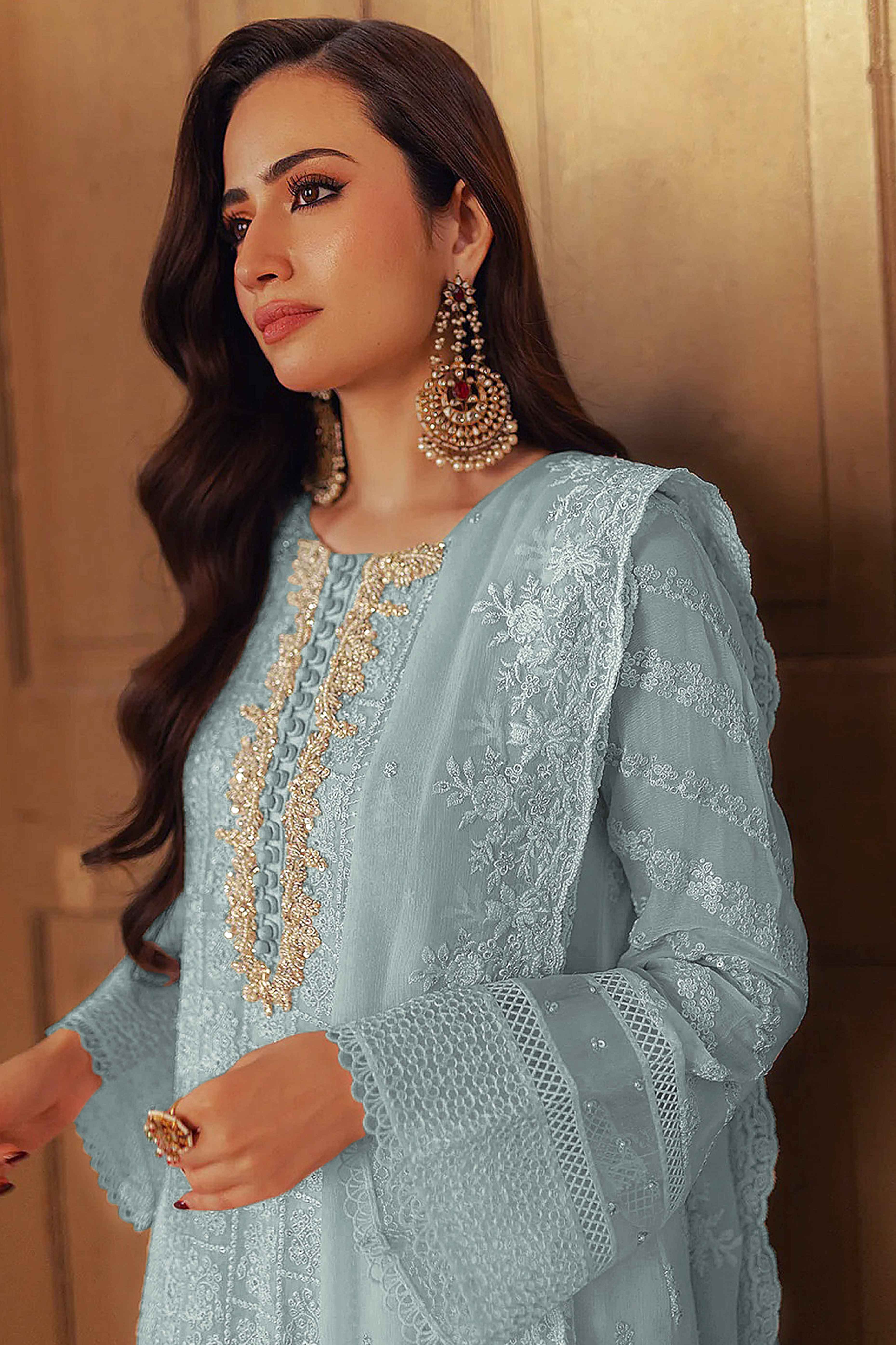 Sea Blue Embroidered Georgette Semi-Stitched Pakistani Suit - Image 3