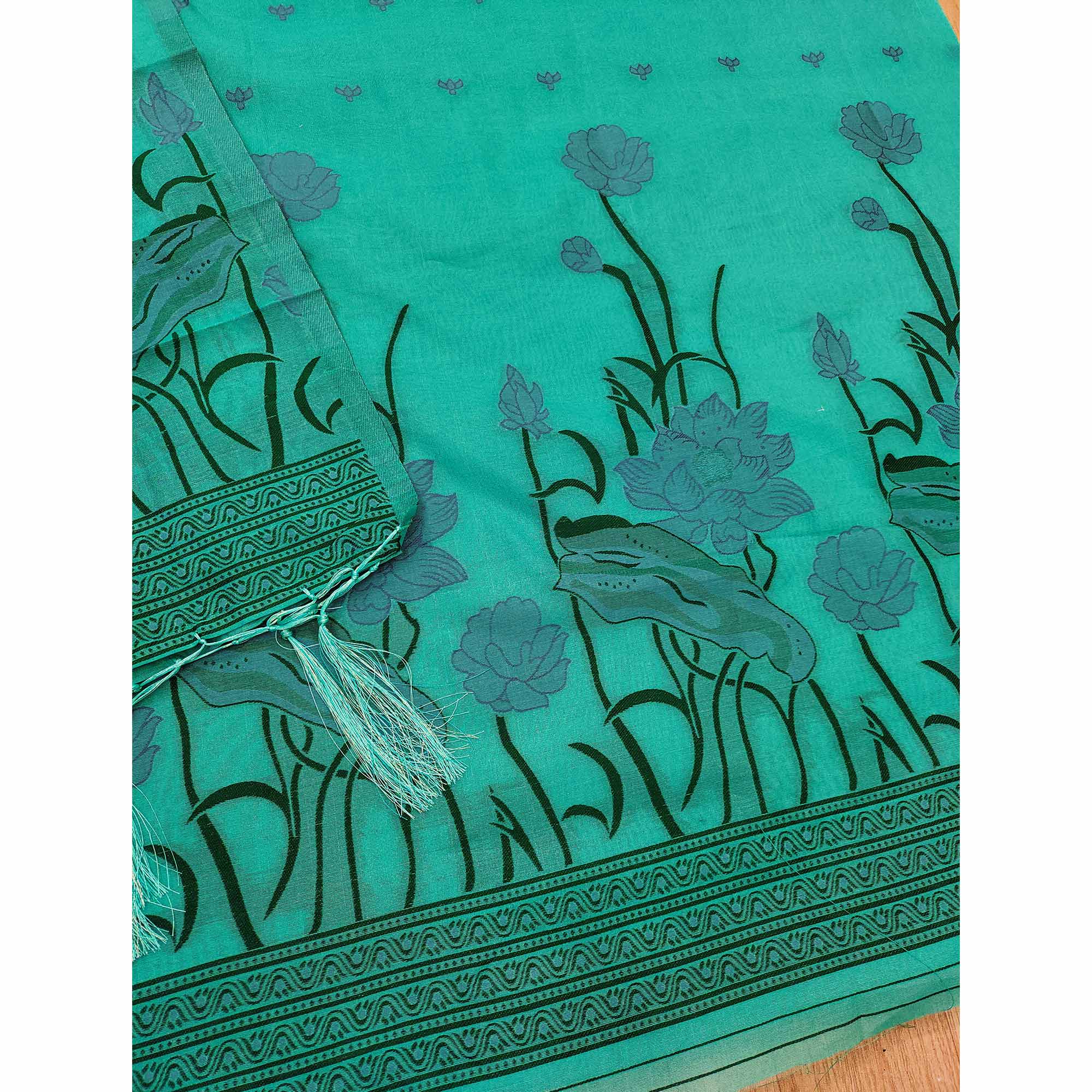 Sea Green Ethnic Dress Material Showcasing Handloom Style Floral Zari Weaving - Image 5