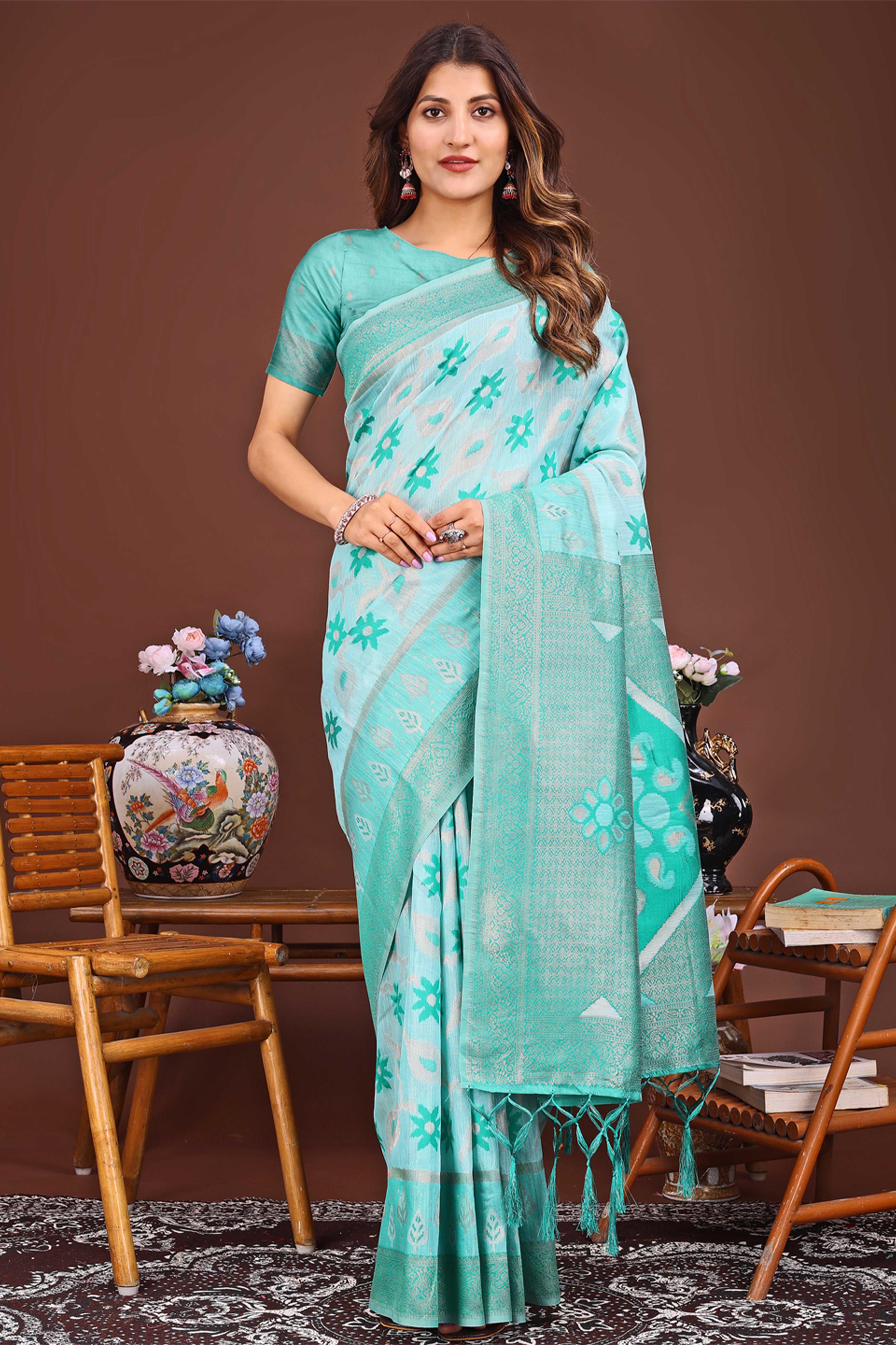 Sea Green Ethnic Saree in Linen Cotton Fabric with Intricate Floral Pattern Weaving - Image 3