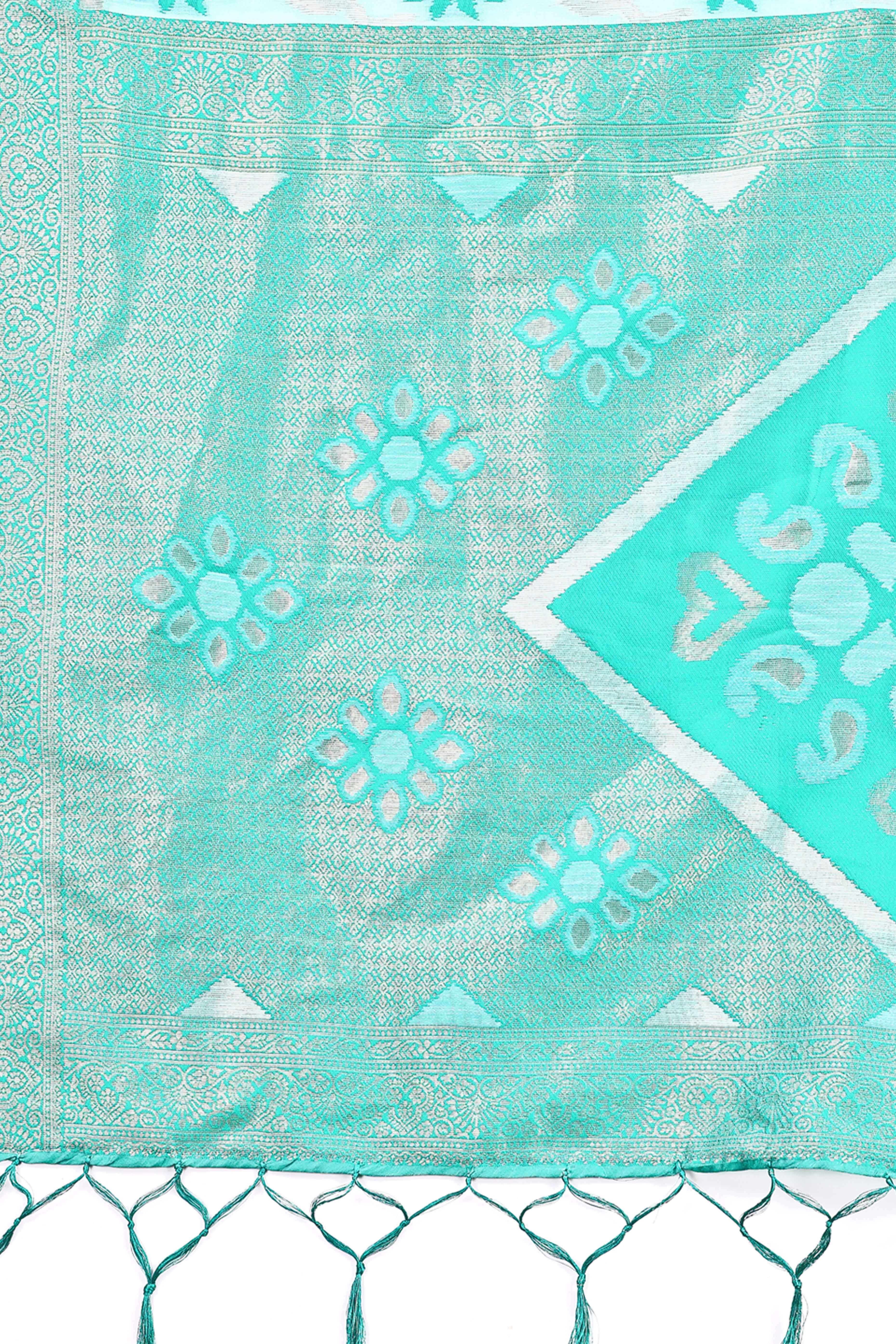 Sea Green Ethnic Saree in Linen Cotton Fabric with Intricate Floral Pattern Weaving - Image 6