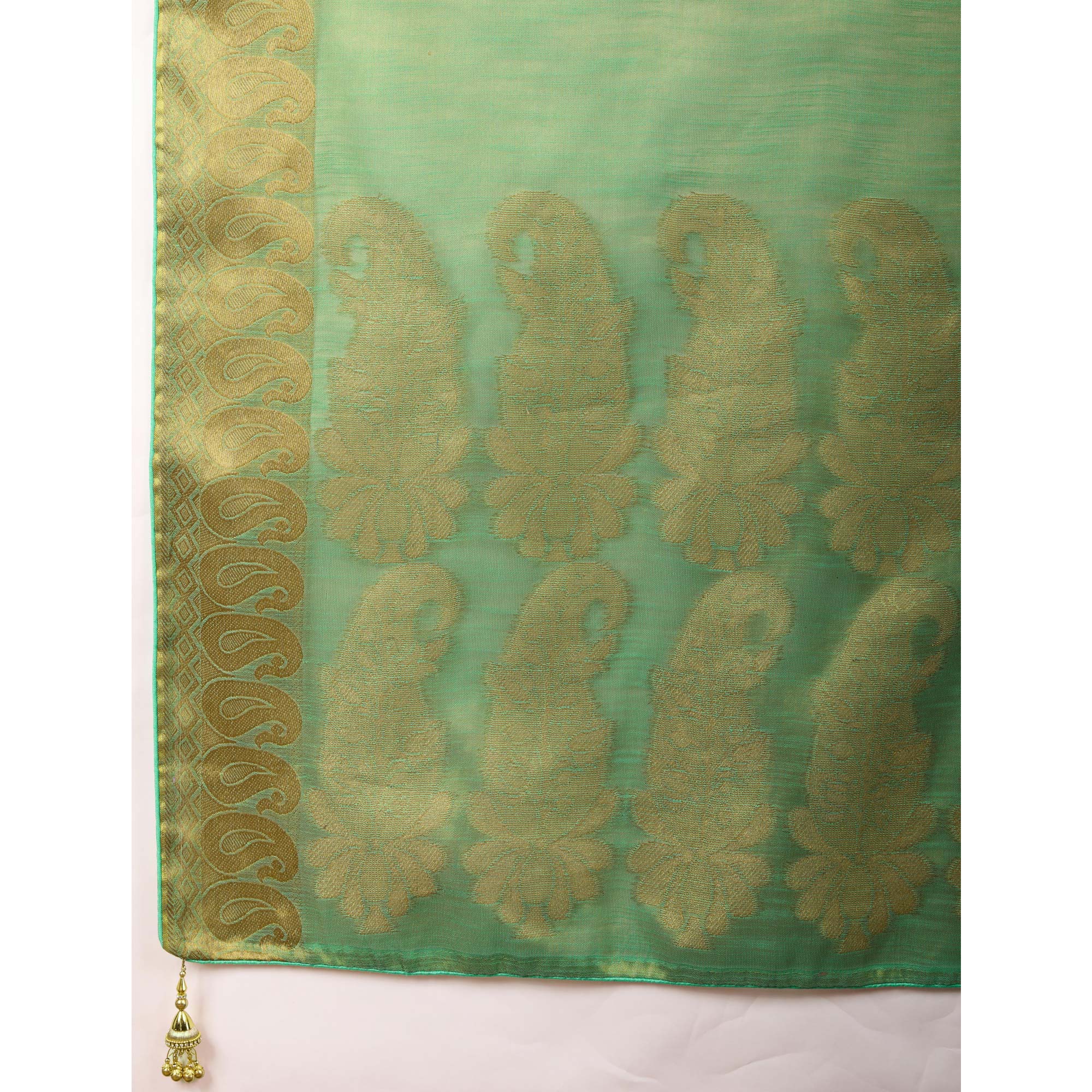 Sea Green Festive Linen Tissue Saree with Zari Borders - Image 9