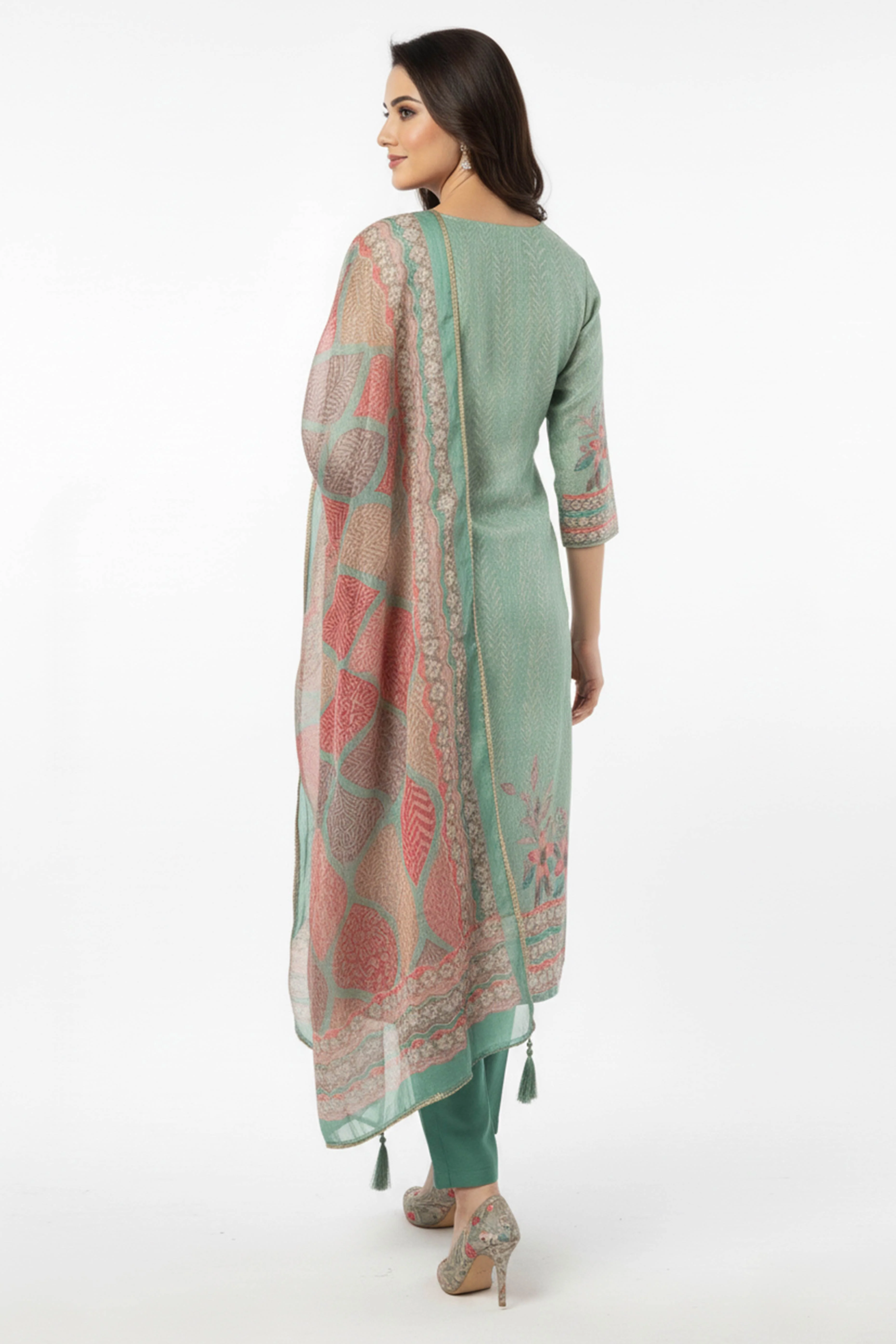 Sea Green Floral Digital Print Straight-Cut Salwar Suit With Intricate Hand Work On Shimmer Chanderi Silk - Image 3