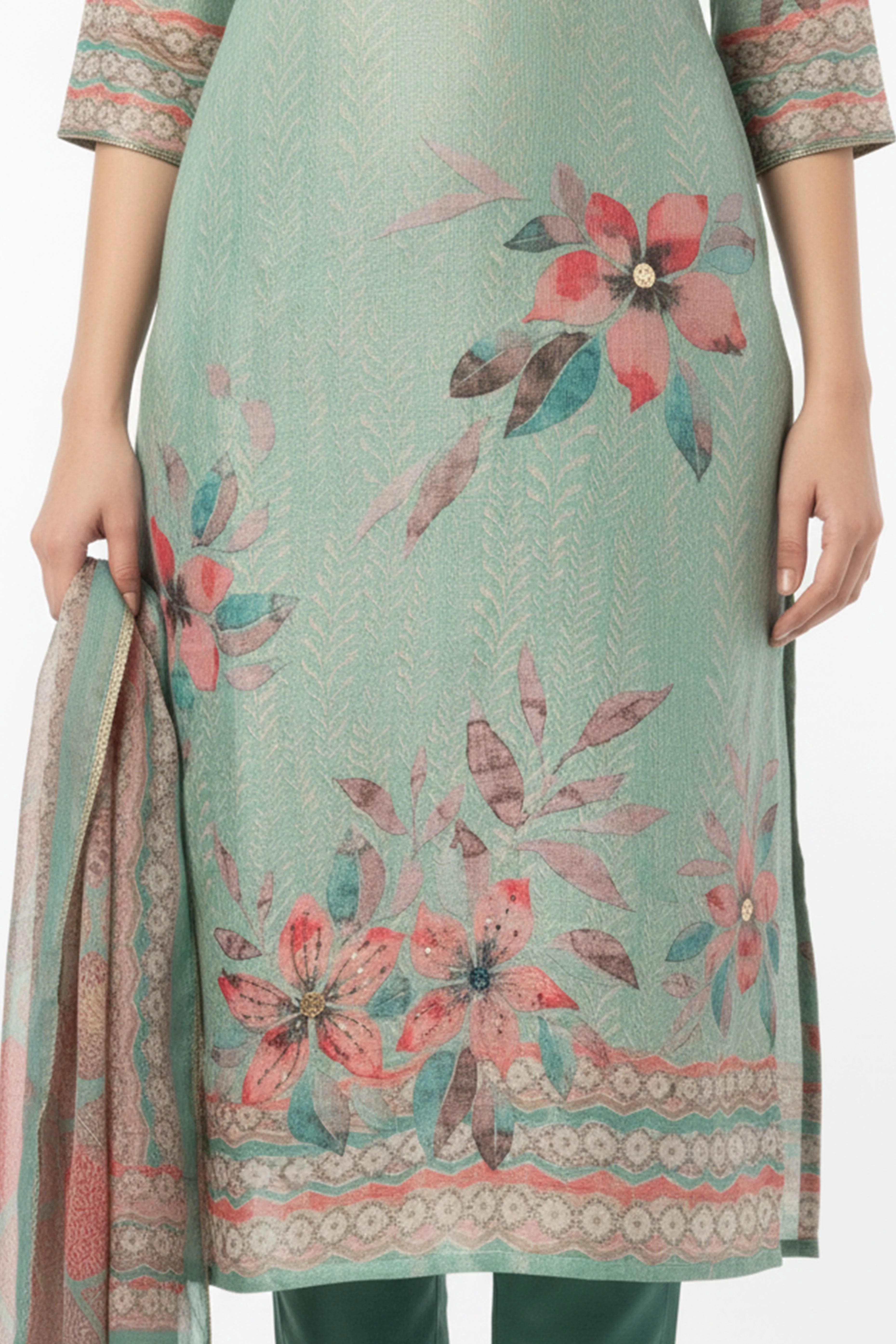 Sea Green Floral Digital Print Straight-Cut Salwar Suit With Intricate Hand Work On Shimmer Chanderi Silk - Image 4