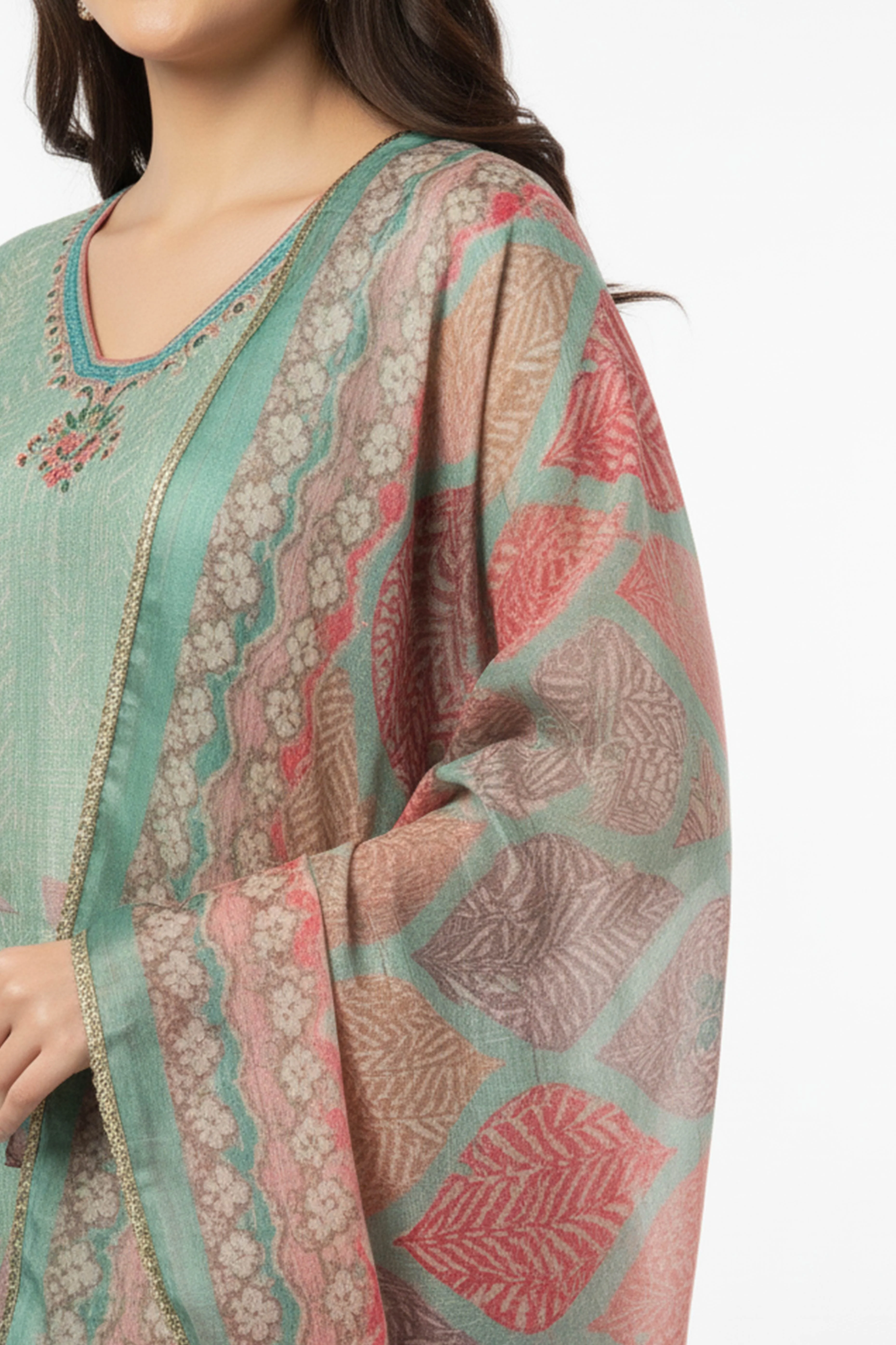 Sea Green Floral Digital Print Straight-Cut Salwar Suit With Intricate Hand Work On Shimmer Chanderi Silk - Image 5