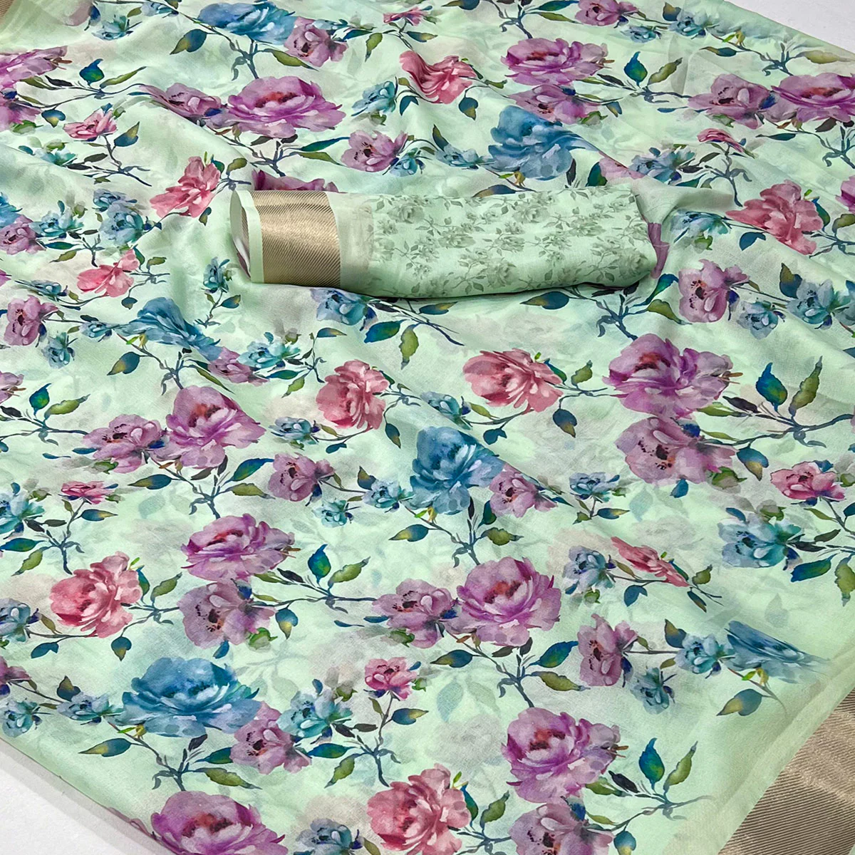 Sea Green Floral Digital Printed Moss Georgette Saree With Zari Border - Image 2