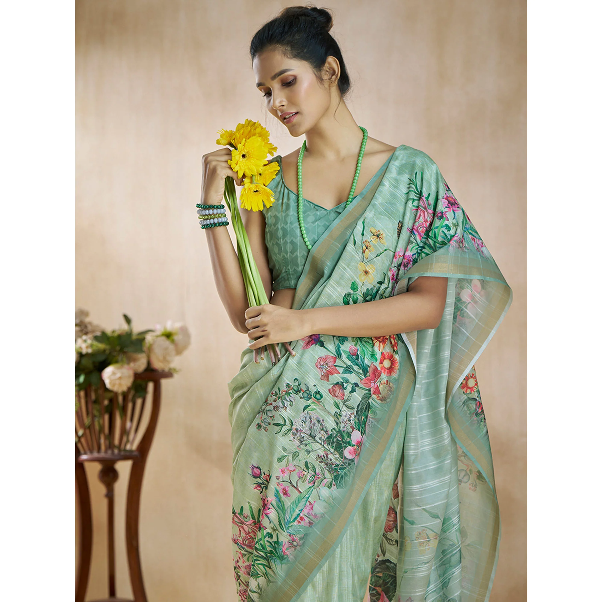Sea Green Floral Digital Printed Pure Silk Saree - Image 6