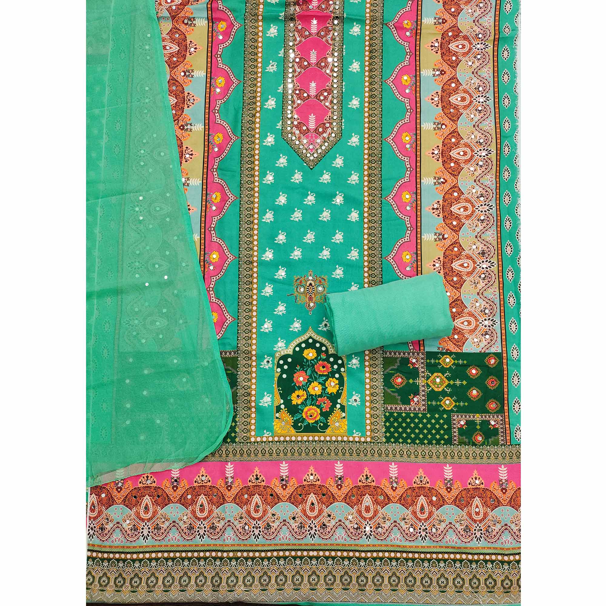 Sea Green Floral Digital Printed Rayon Dress Material Enhanced With Mirror Work - Image 4