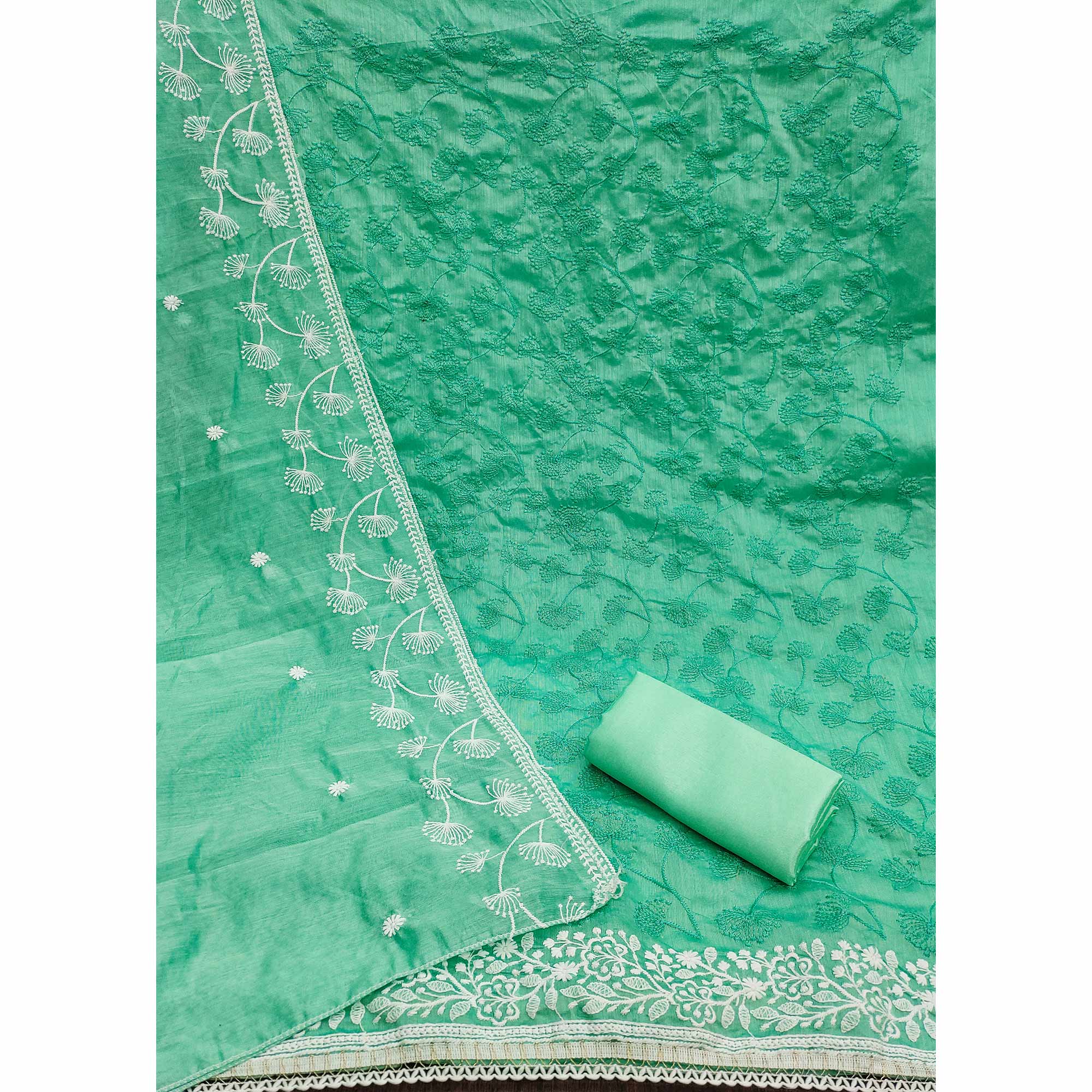 Sea Green Floral Embroidered Chanderi Dress Material - Image 4