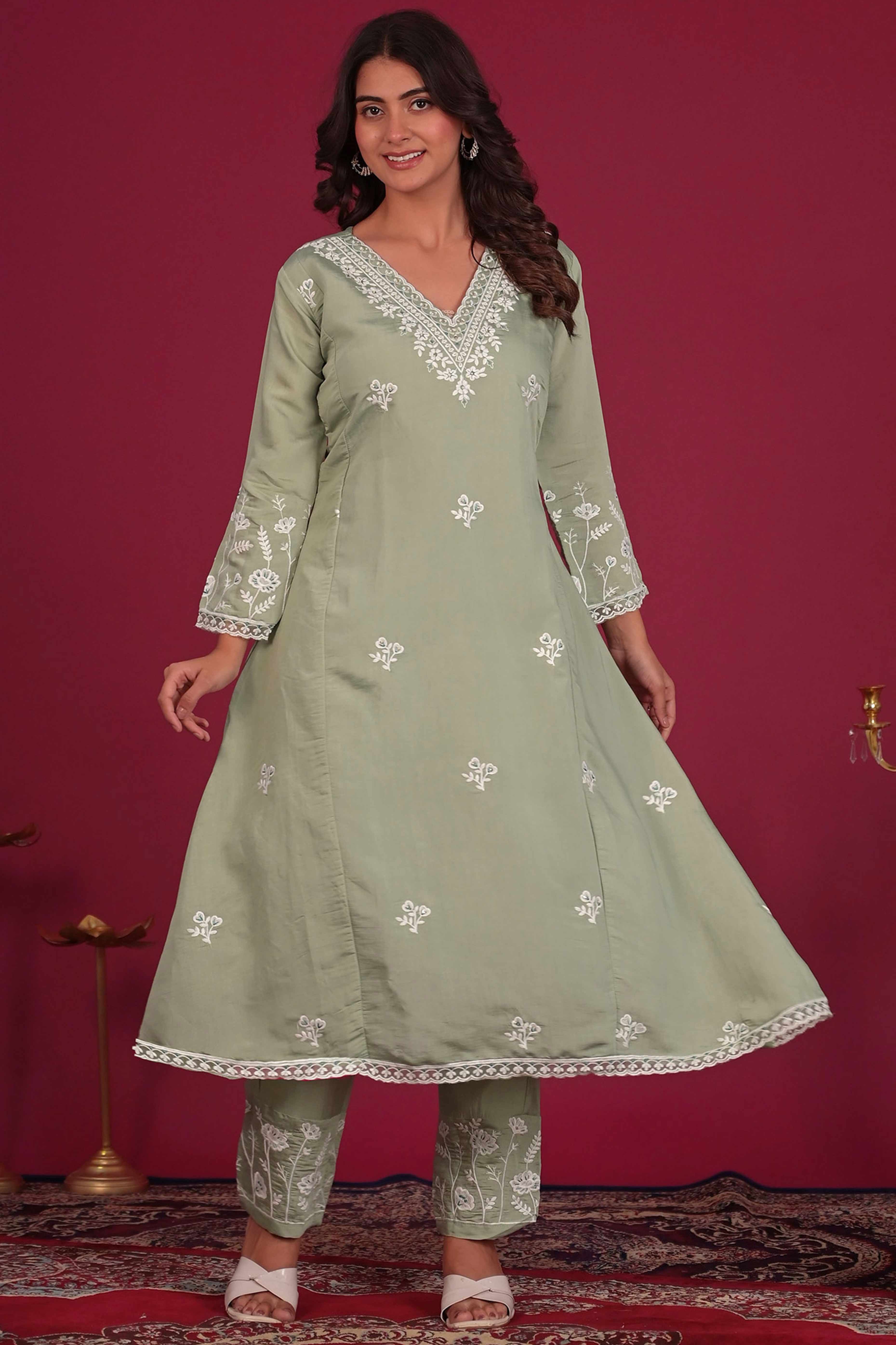 Sea Green Floral Embroidered Chanderi Top Bottom Set - Image 6