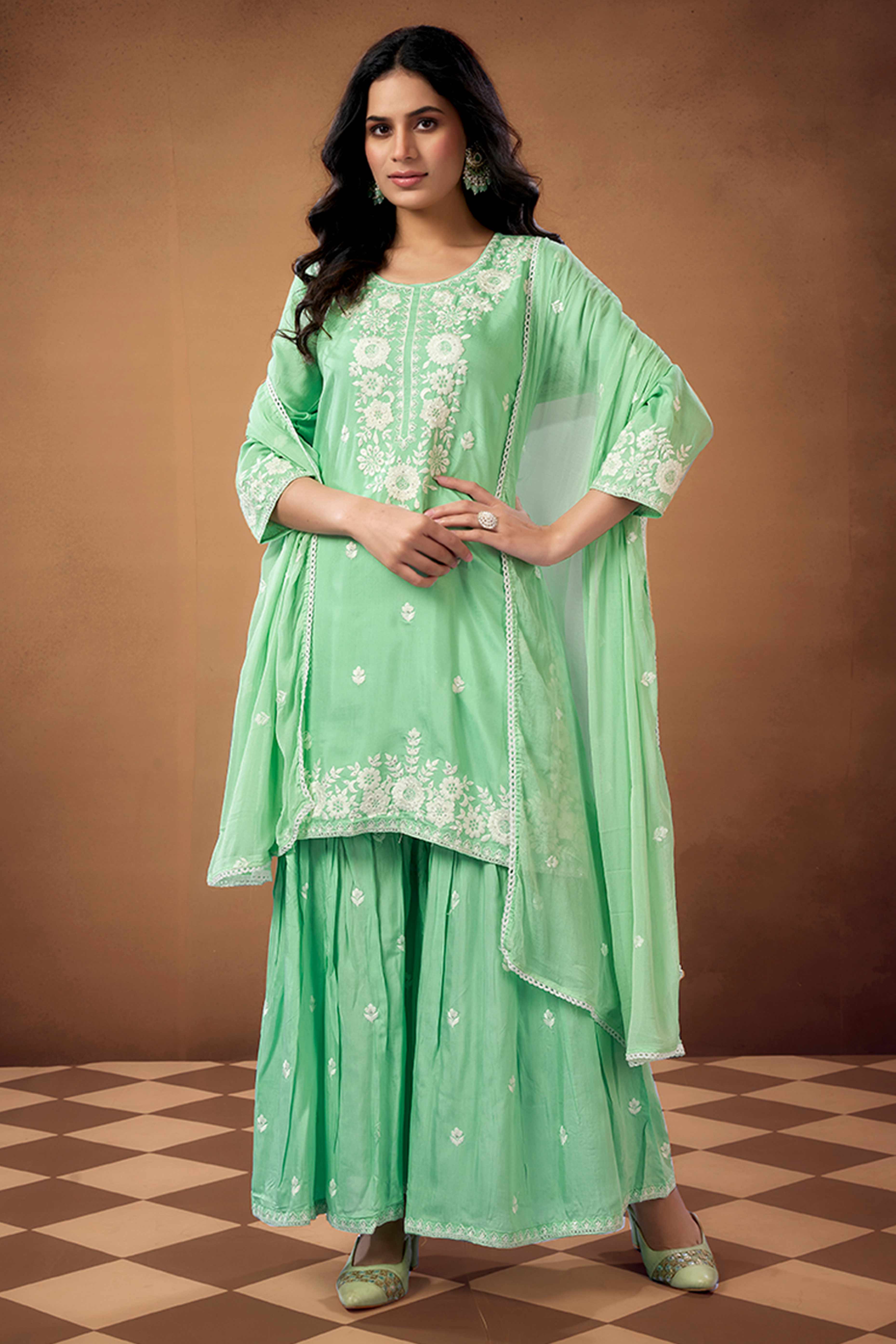 Sea Green Floral Embroidered Muslin Straigth Sharara Suit - Image 3