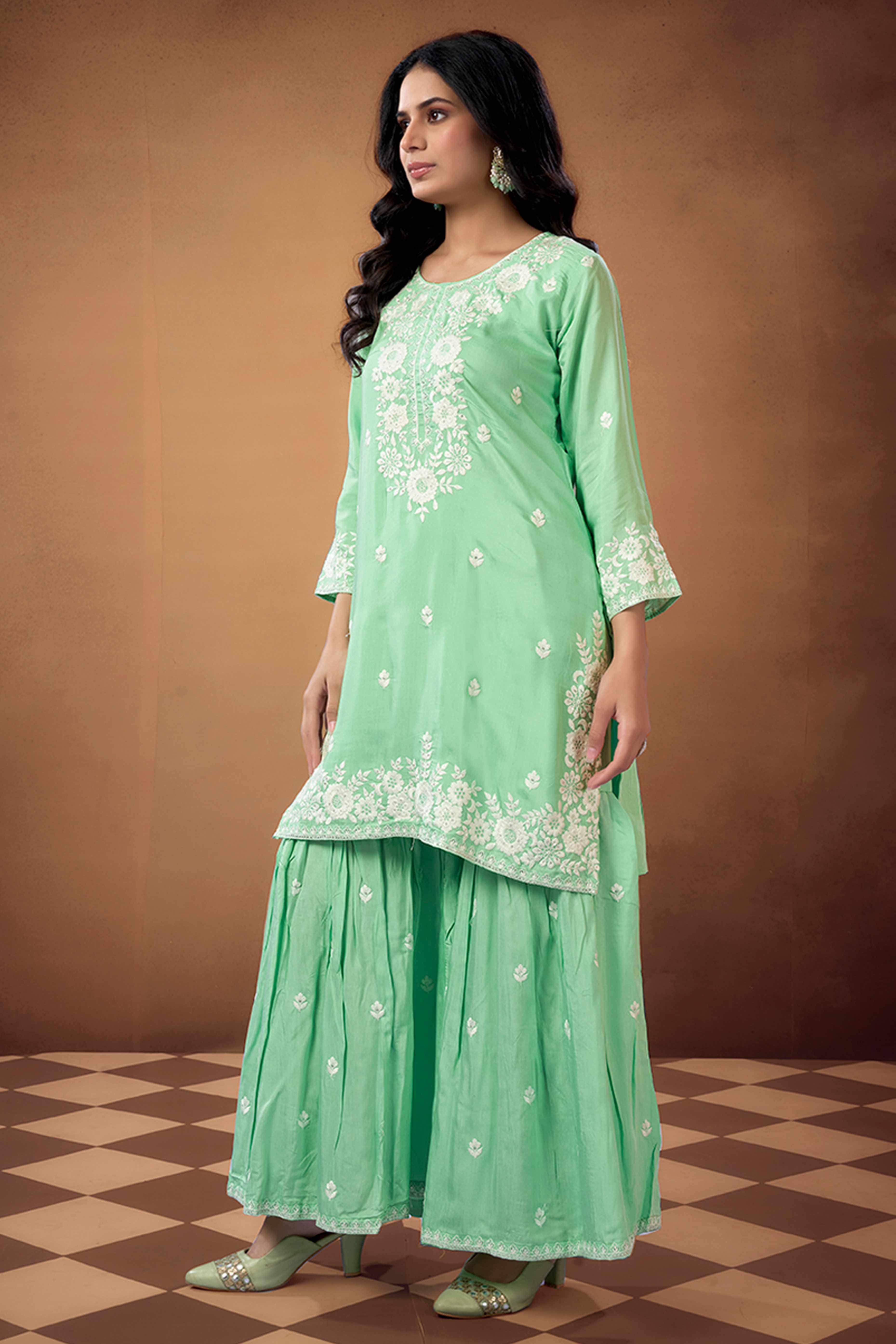 Sea Green Floral Embroidered Muslin Straigth Sharara Suit - Image 4