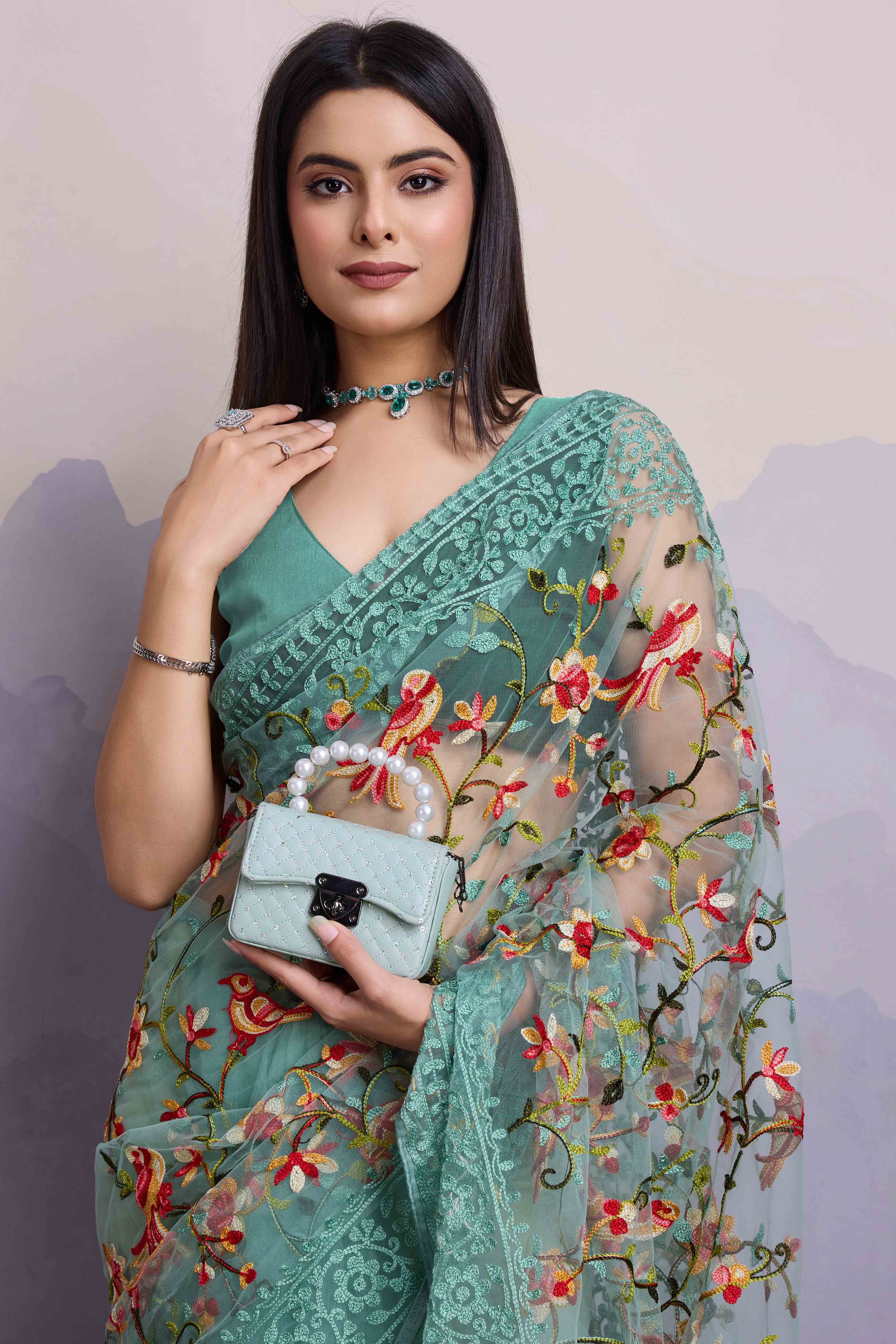 Sea Green Floral Embroidered Net Saree - Image 3