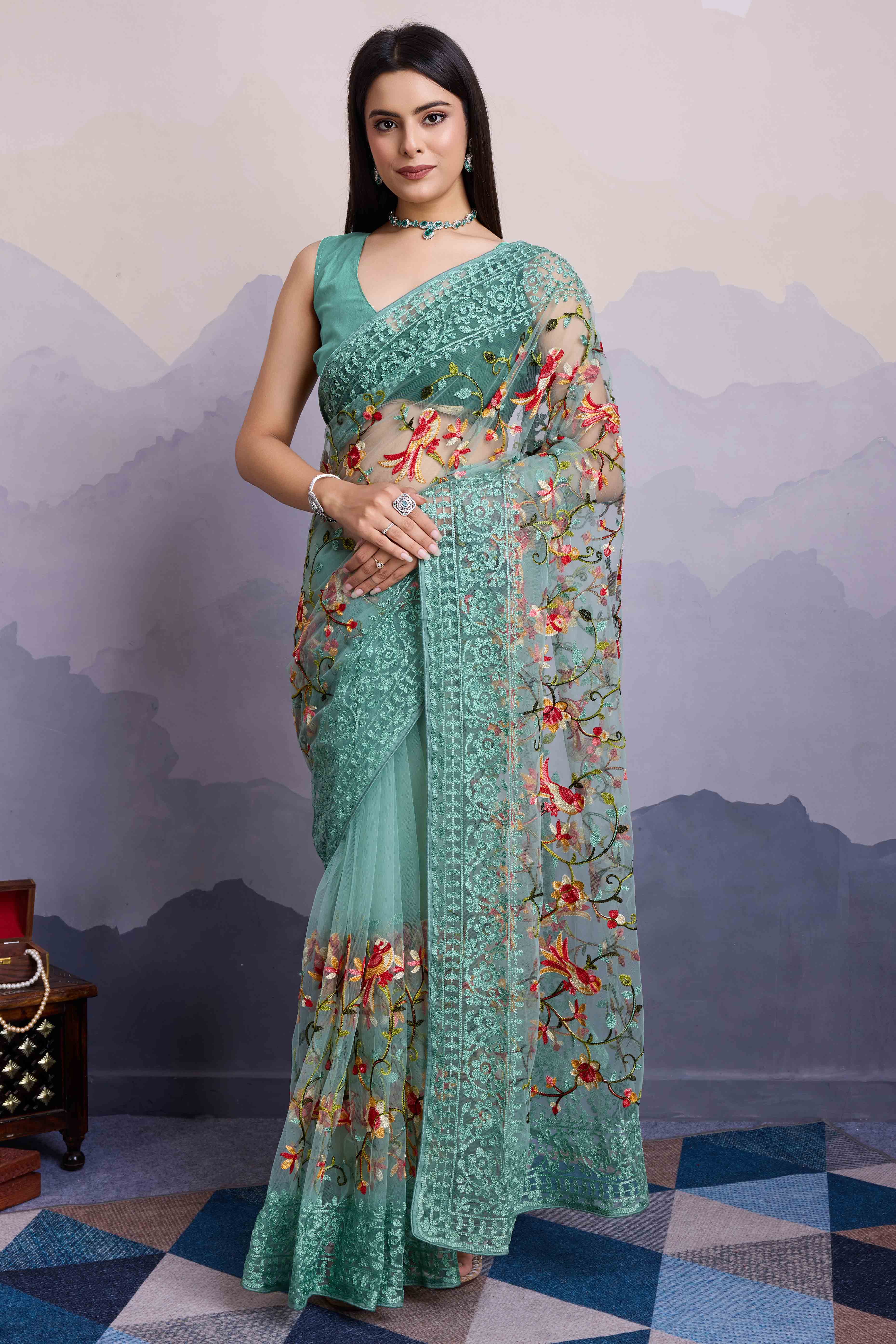 Sea Green Floral Embroidered Net Saree - Image 4