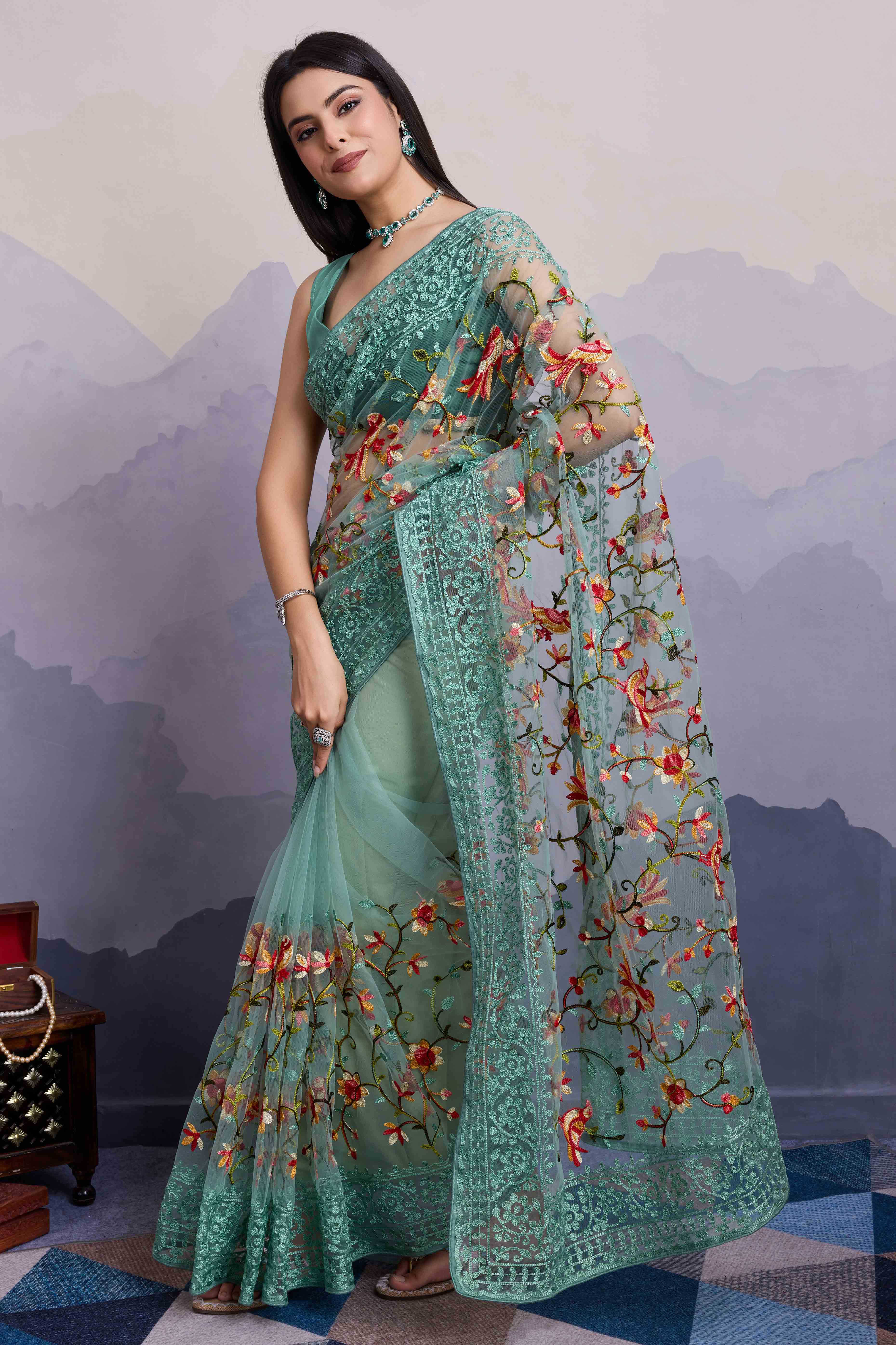 Sea Green Floral Embroidered Net Saree - Image 5