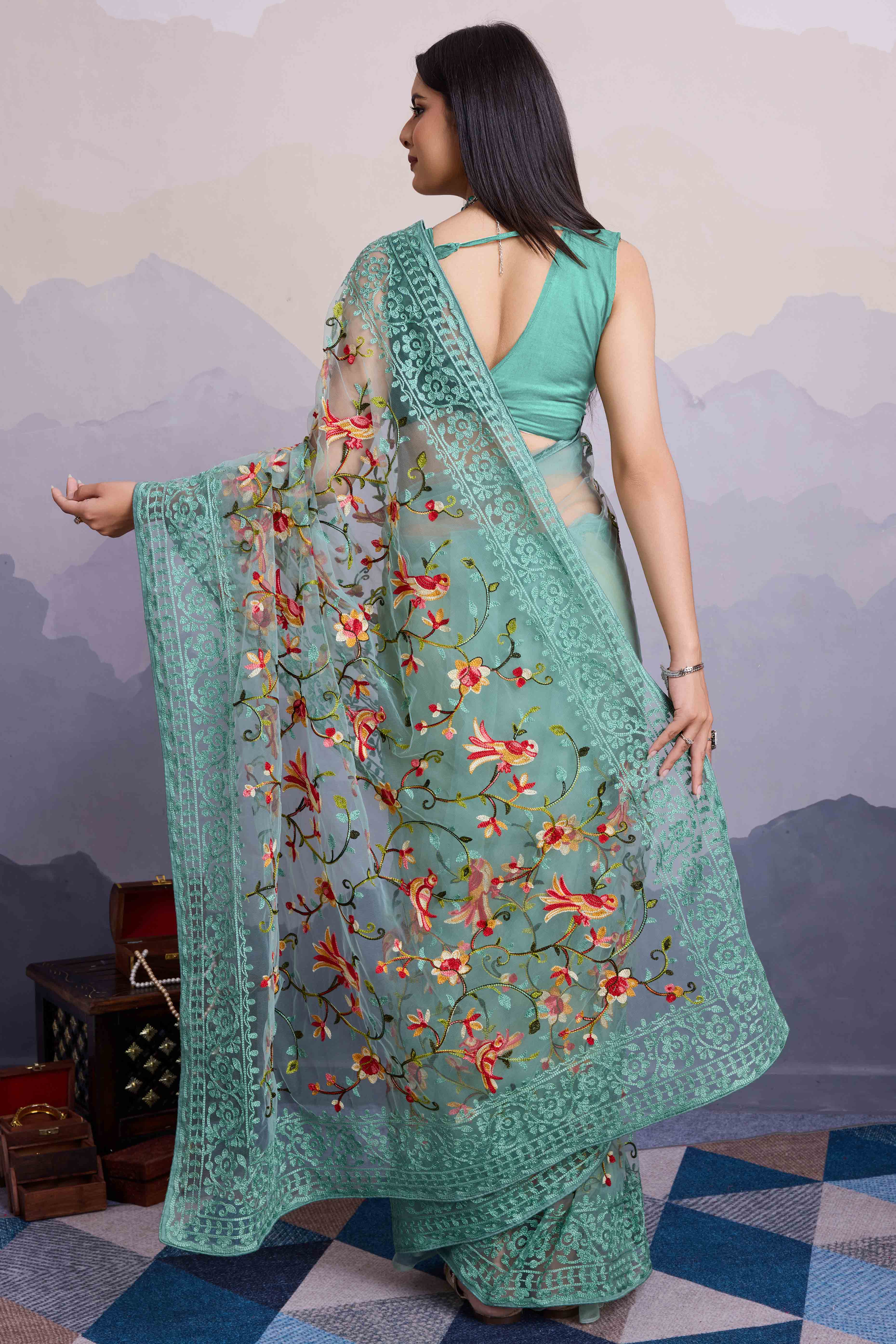 Sea Green Floral Embroidered Net Saree - Image 6
