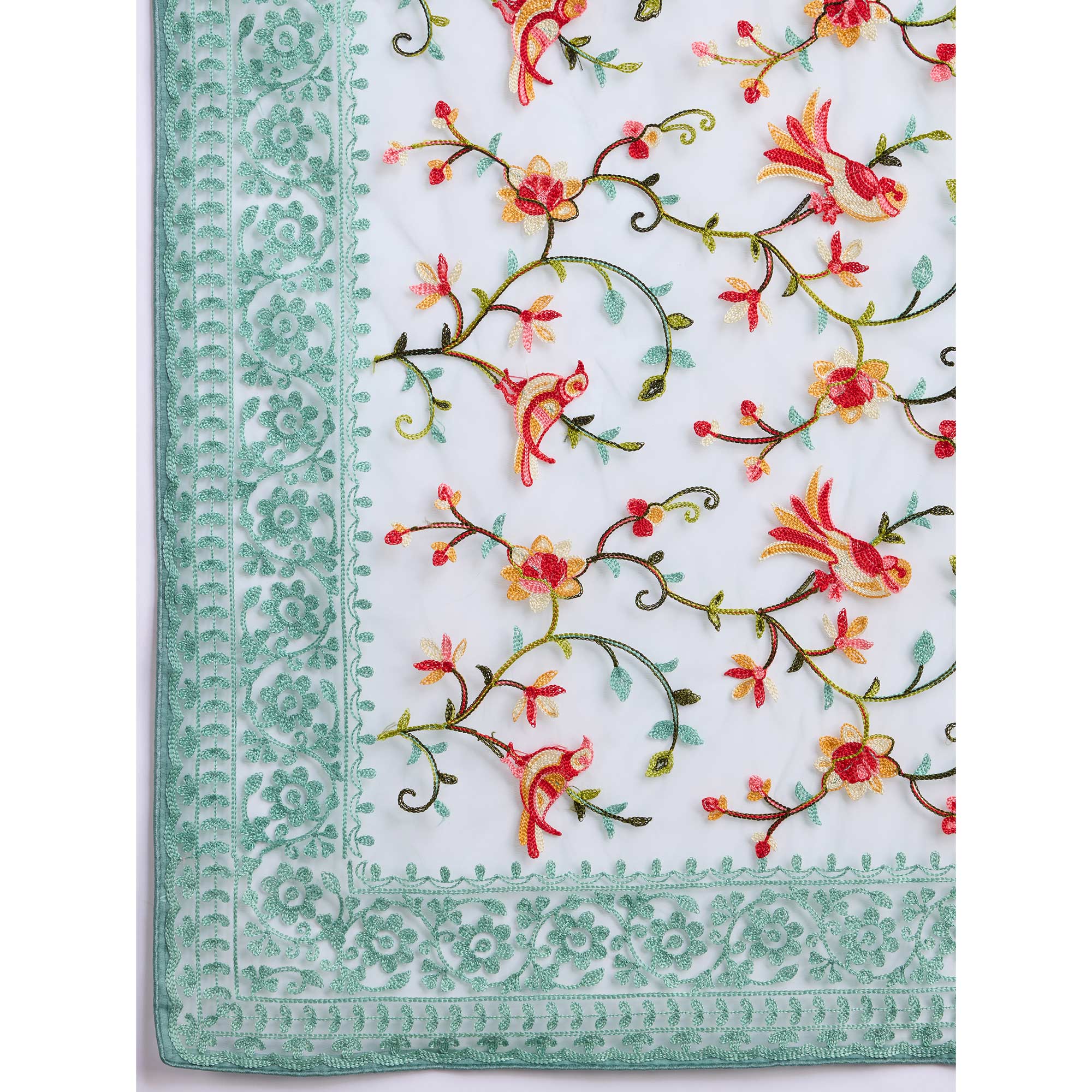 Sea Green Floral Embroidered Net Saree - Image 8