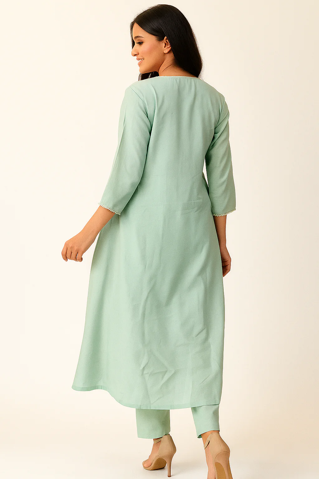 Sea Green Floral Embroidered Pure Cotton Top Bottom Set - Image 4