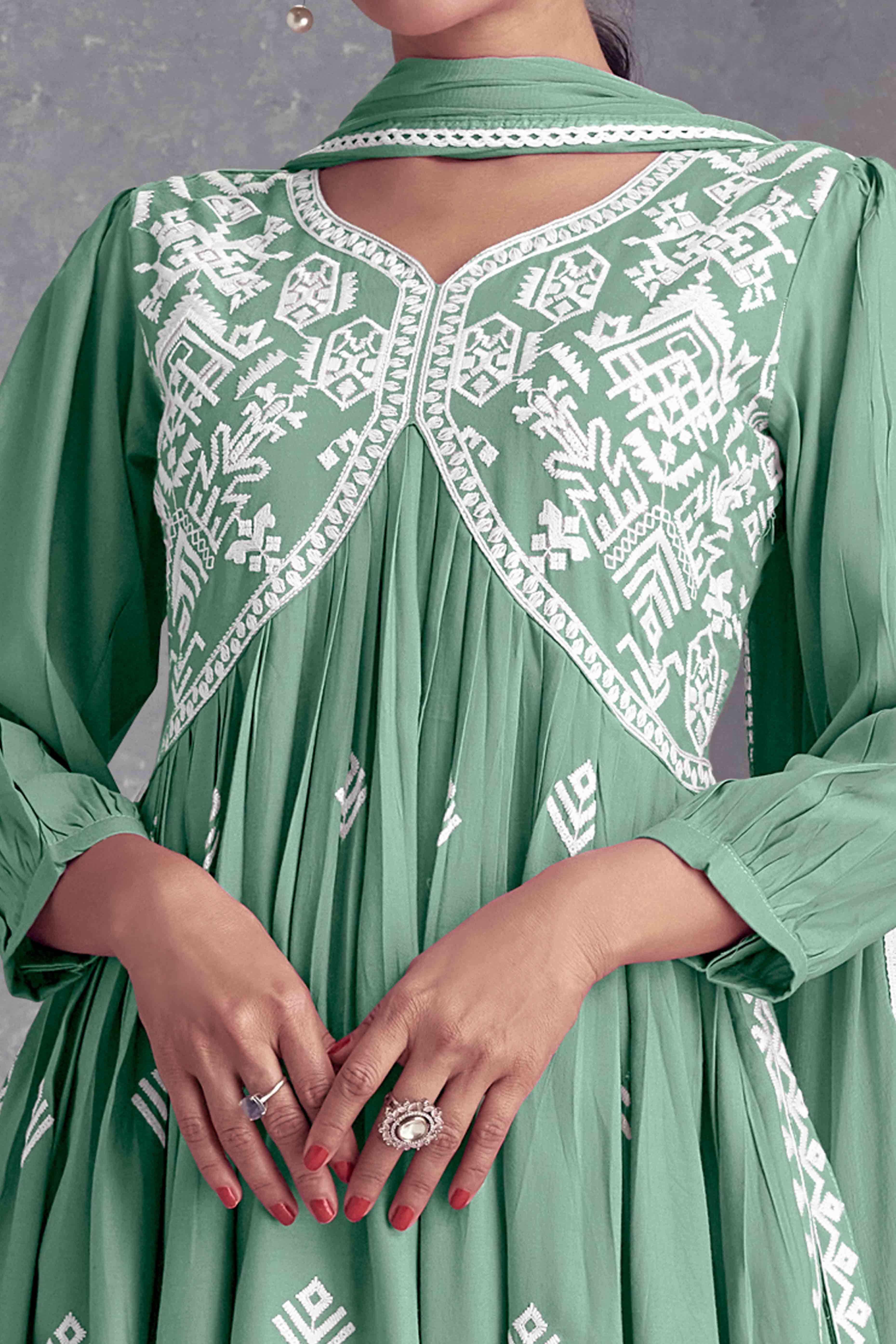 Sea Green Floral Embroidered Rayon Salwar Suit - Image 2
