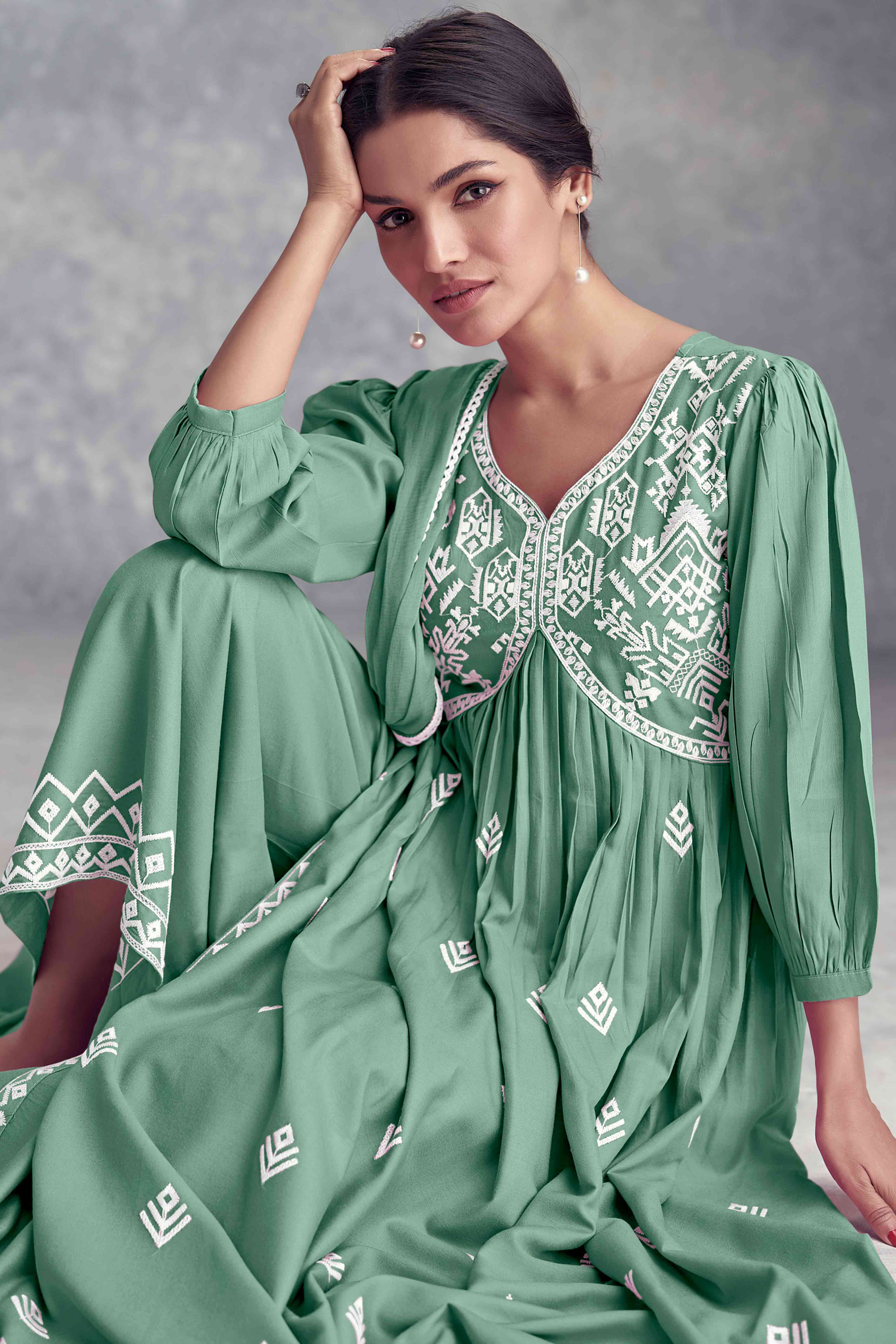 Sea Green Floral Embroidered Rayon Salwar Suit - Image 3