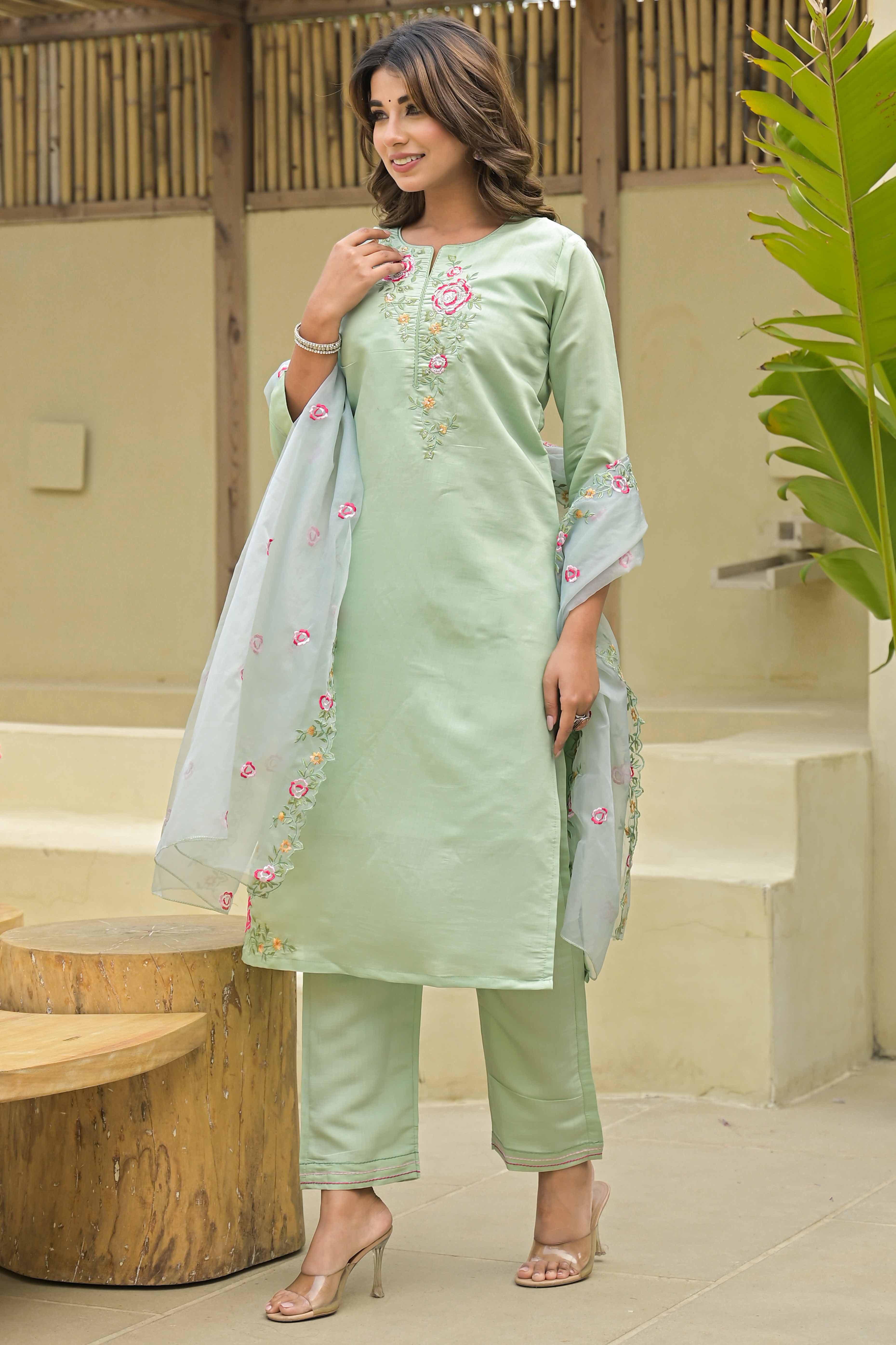 Sea Green Floral Embroidered Viscose Salwar Suit - Image 3