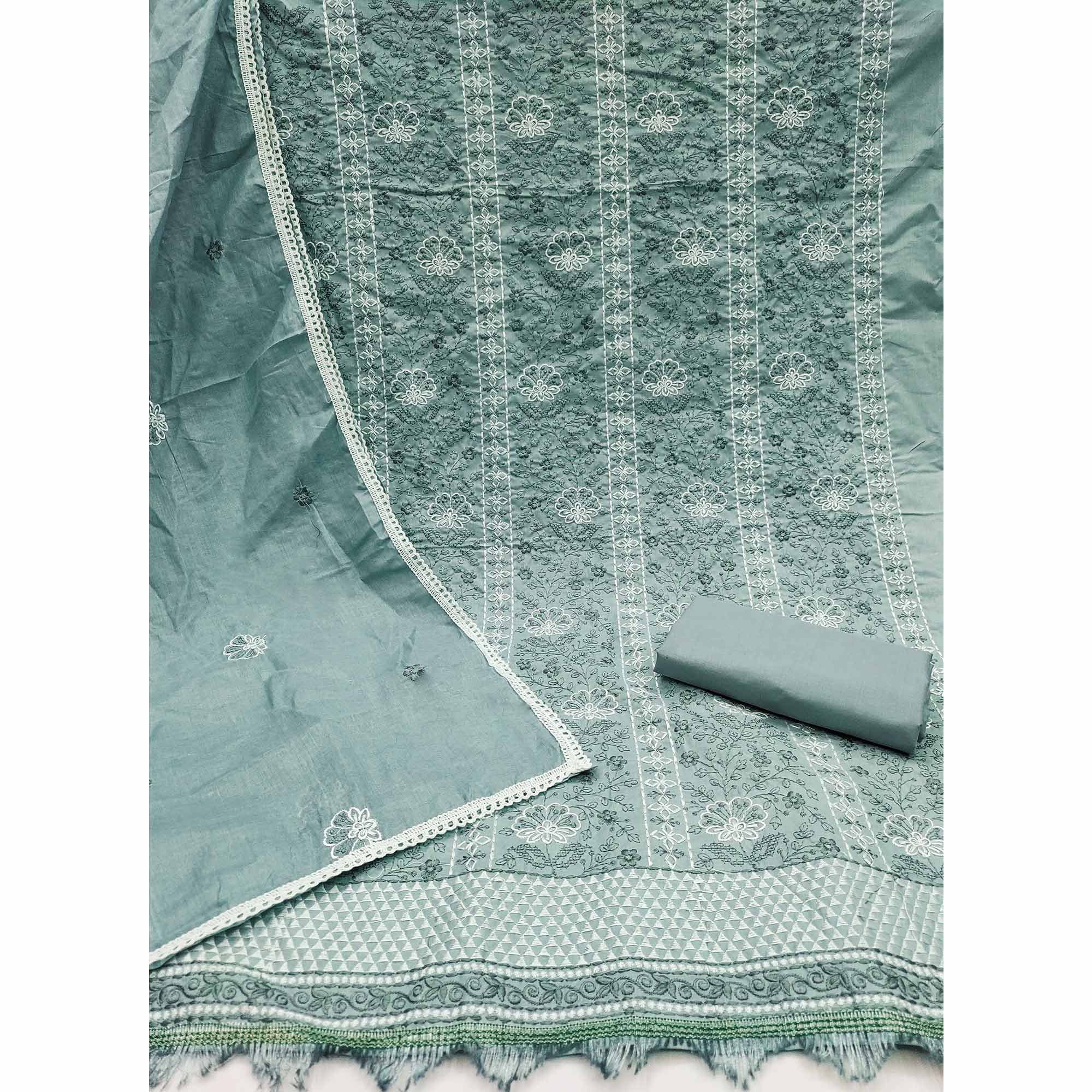 Sea Green Floral Embroidery Cotton Fabric for Ethnic Wear and Everyday Grace - Image 4