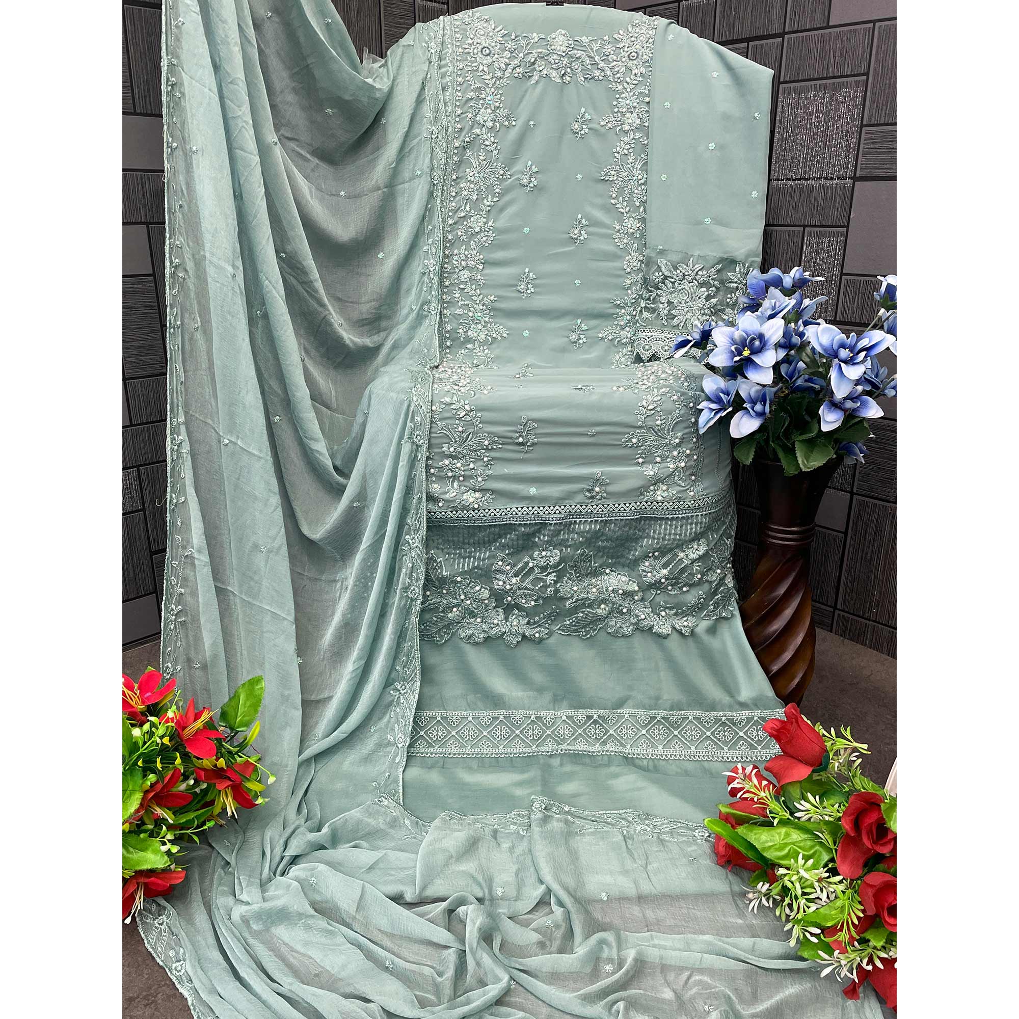 Sea Green Floral Embroidery Georgette Semi Stitched Pakistani Suit - Image 4
