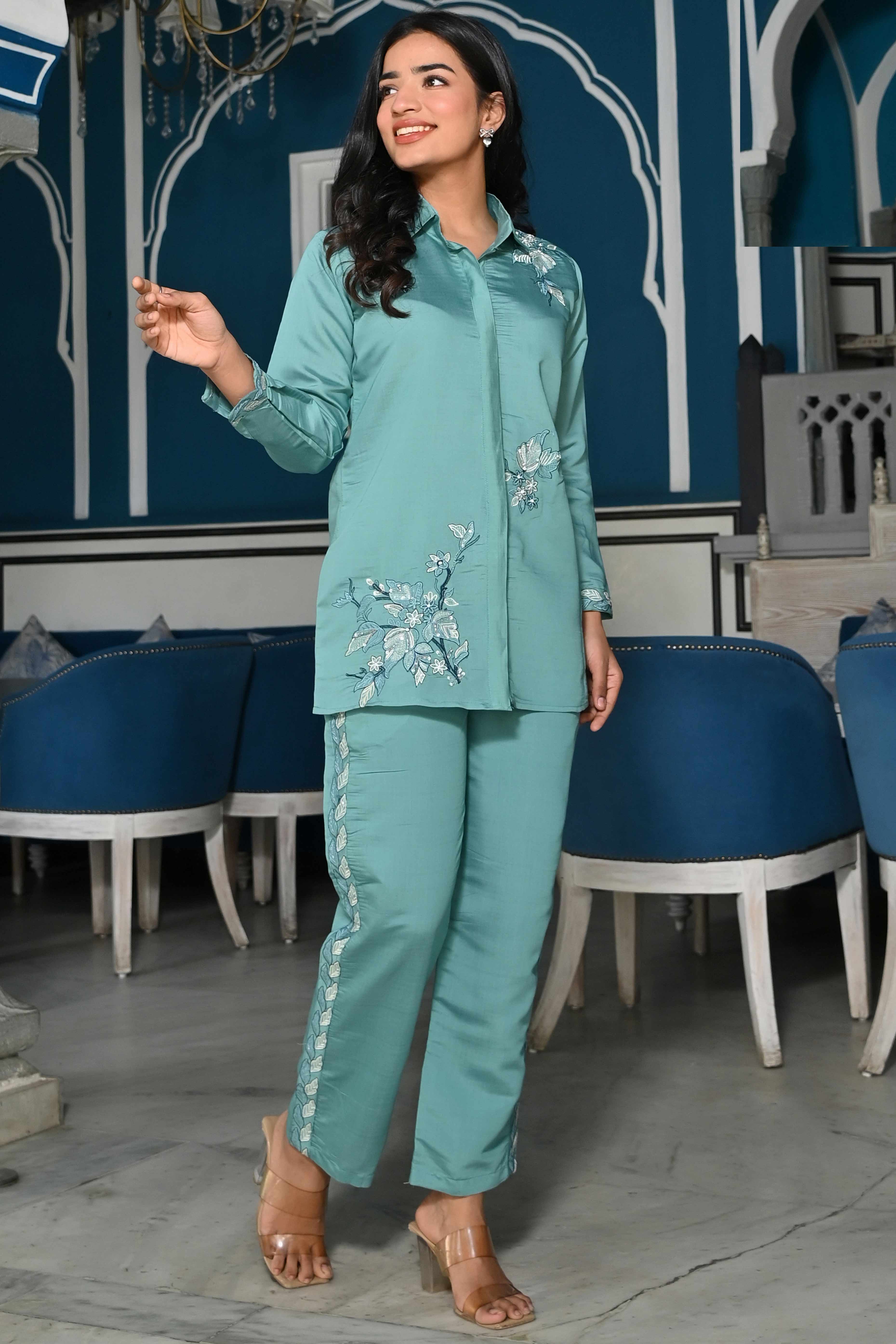 Sea Green Floral Hand Work Embroidered Chanderi Co-Ord Set - Image 5