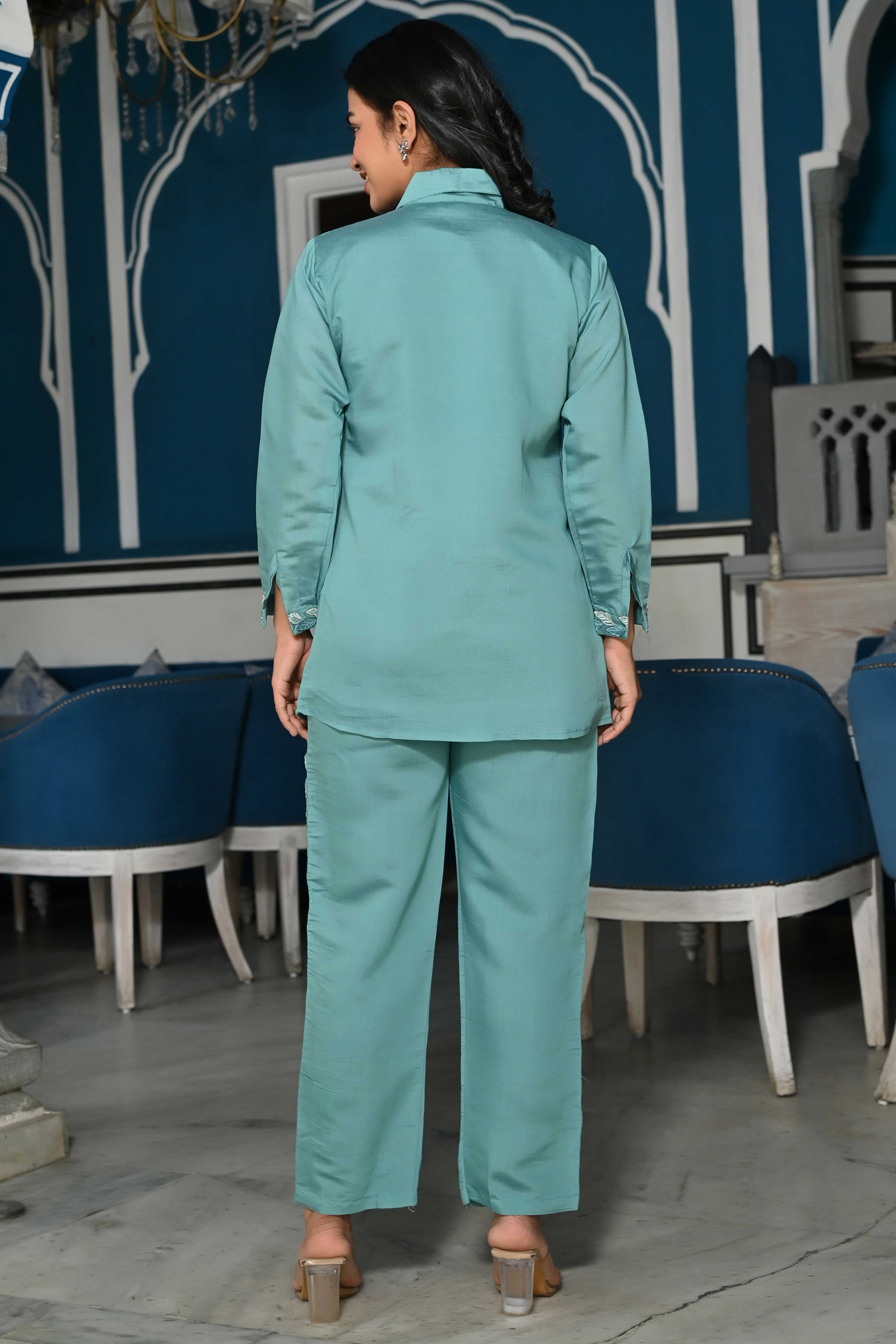 Sea Green Floral Hand Work Embroidered Chanderi Co-Ord Set - Image 7