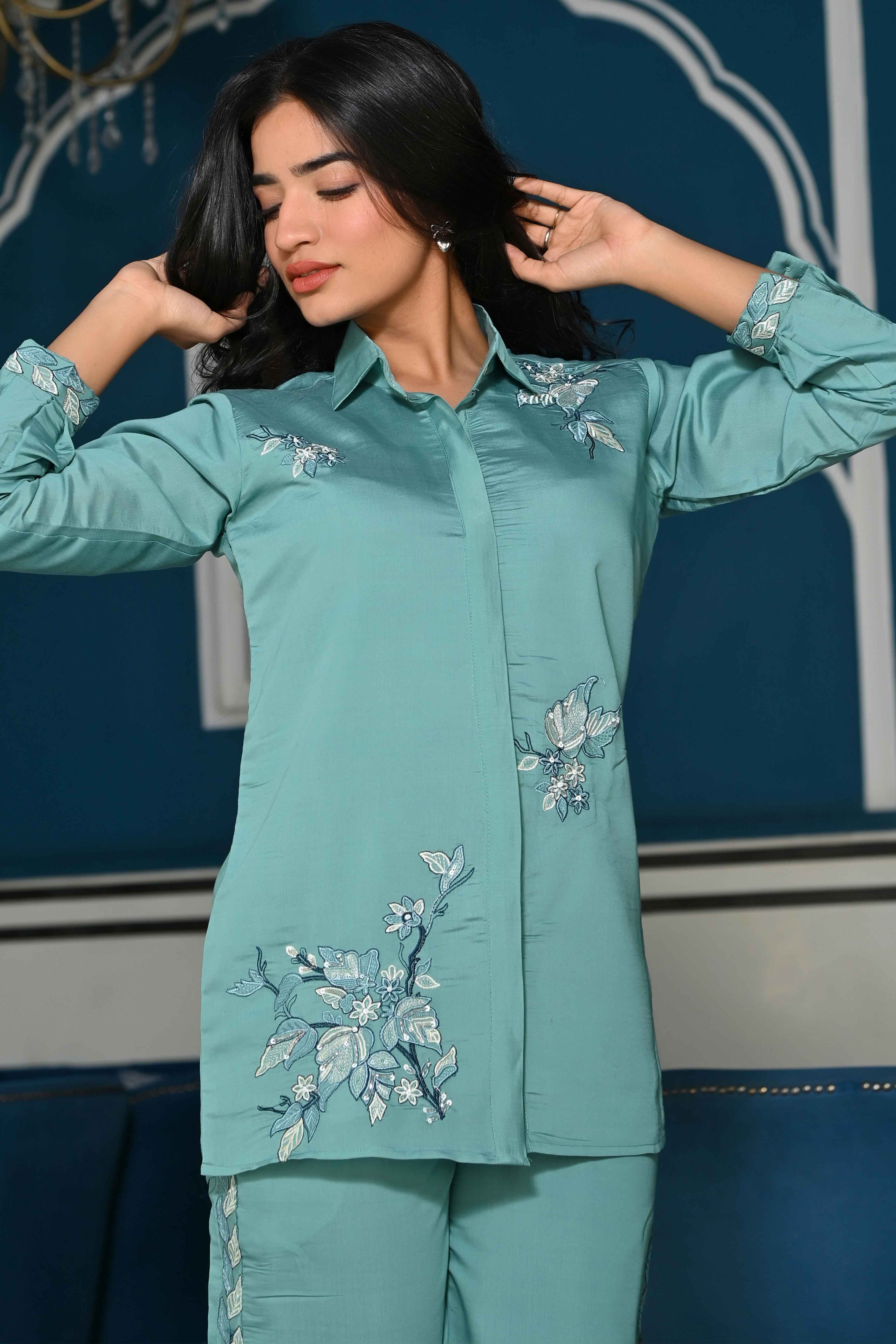 Sea Green Floral Hand Work Embroidered Chanderi Co-Ord Set - Image 8