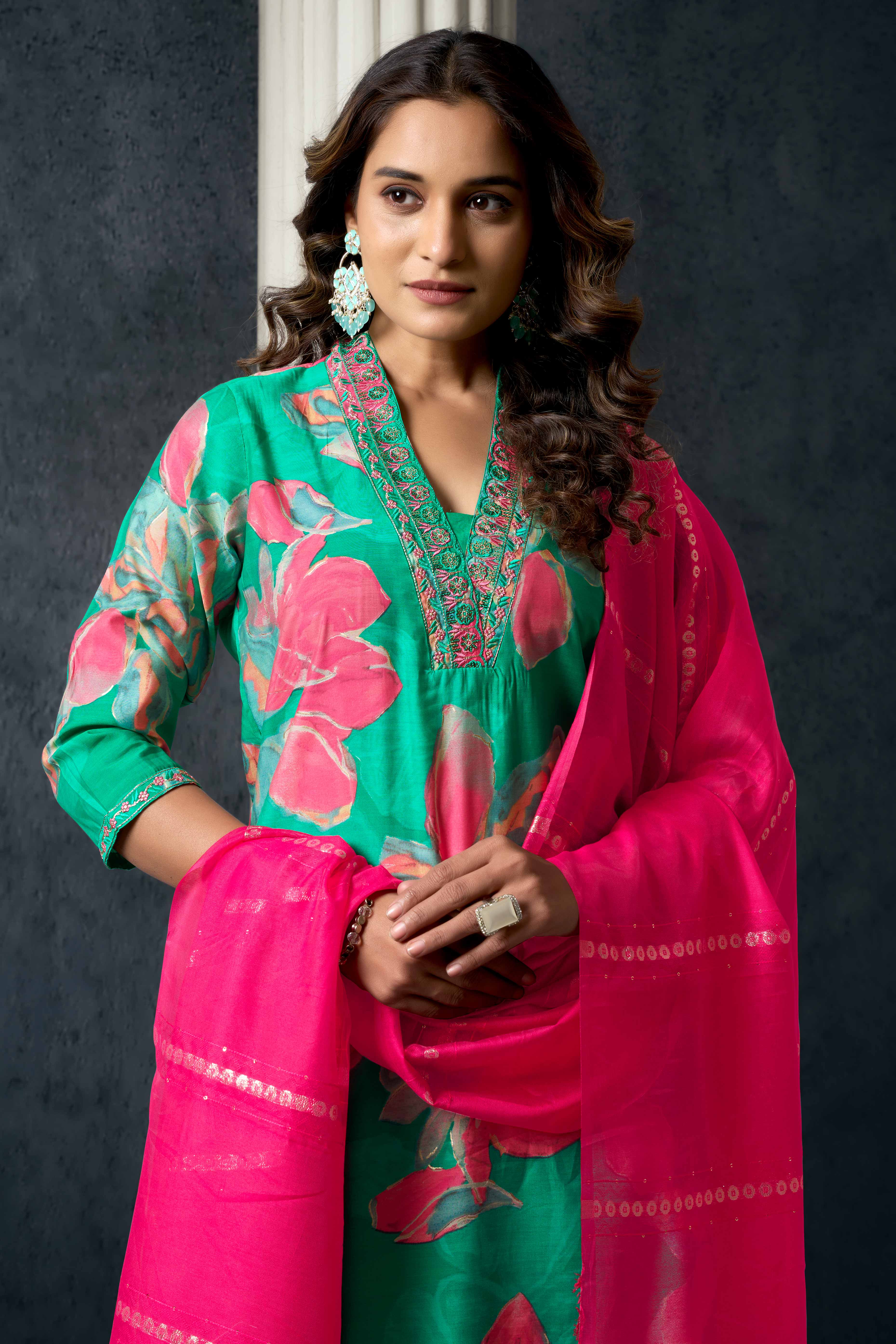 Sea Green Floral Printed Cotton Silk Straight Salwar Suit - Image 6