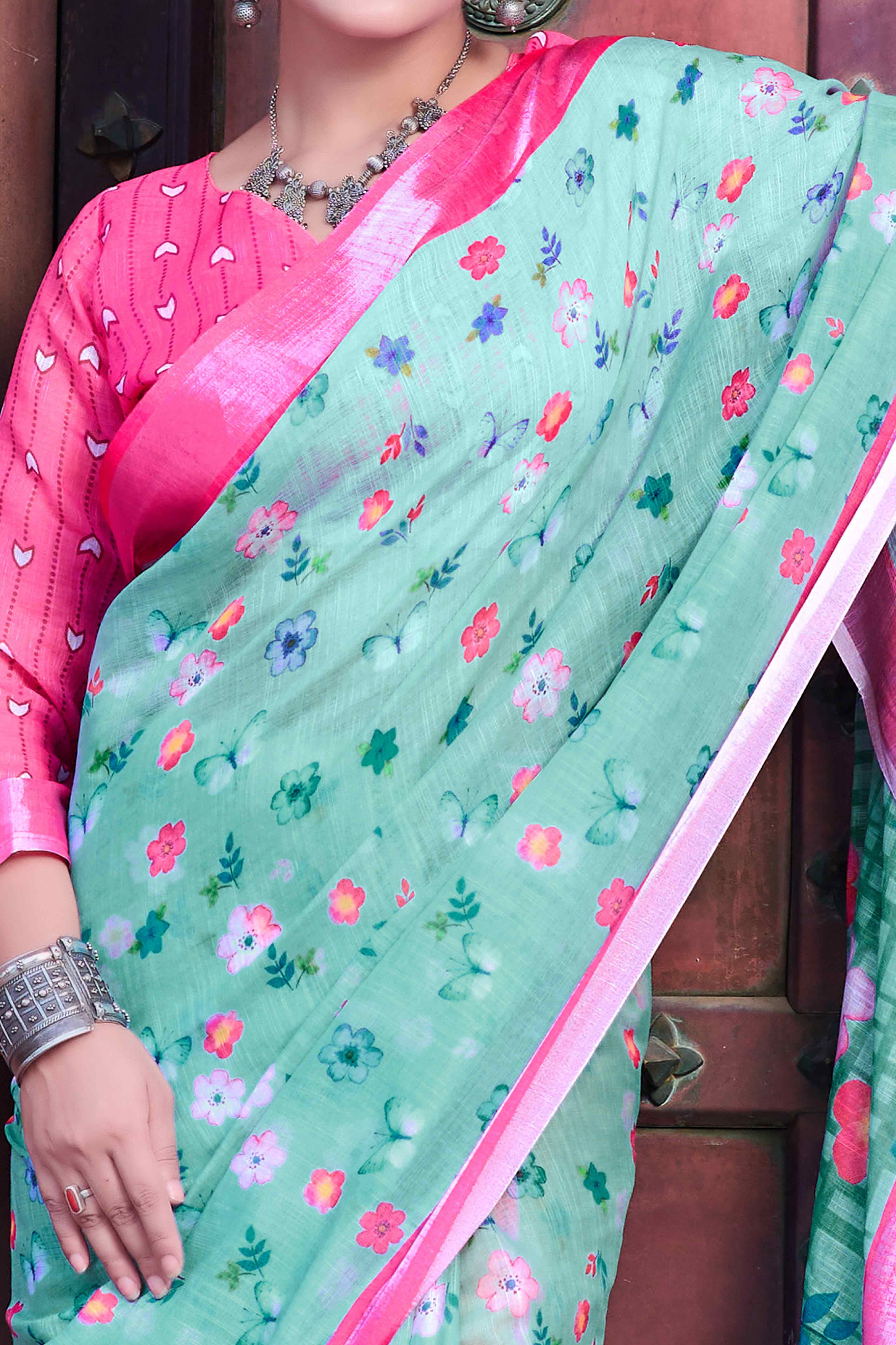 Sea Green Floral Printed Linen Saree - Image 2