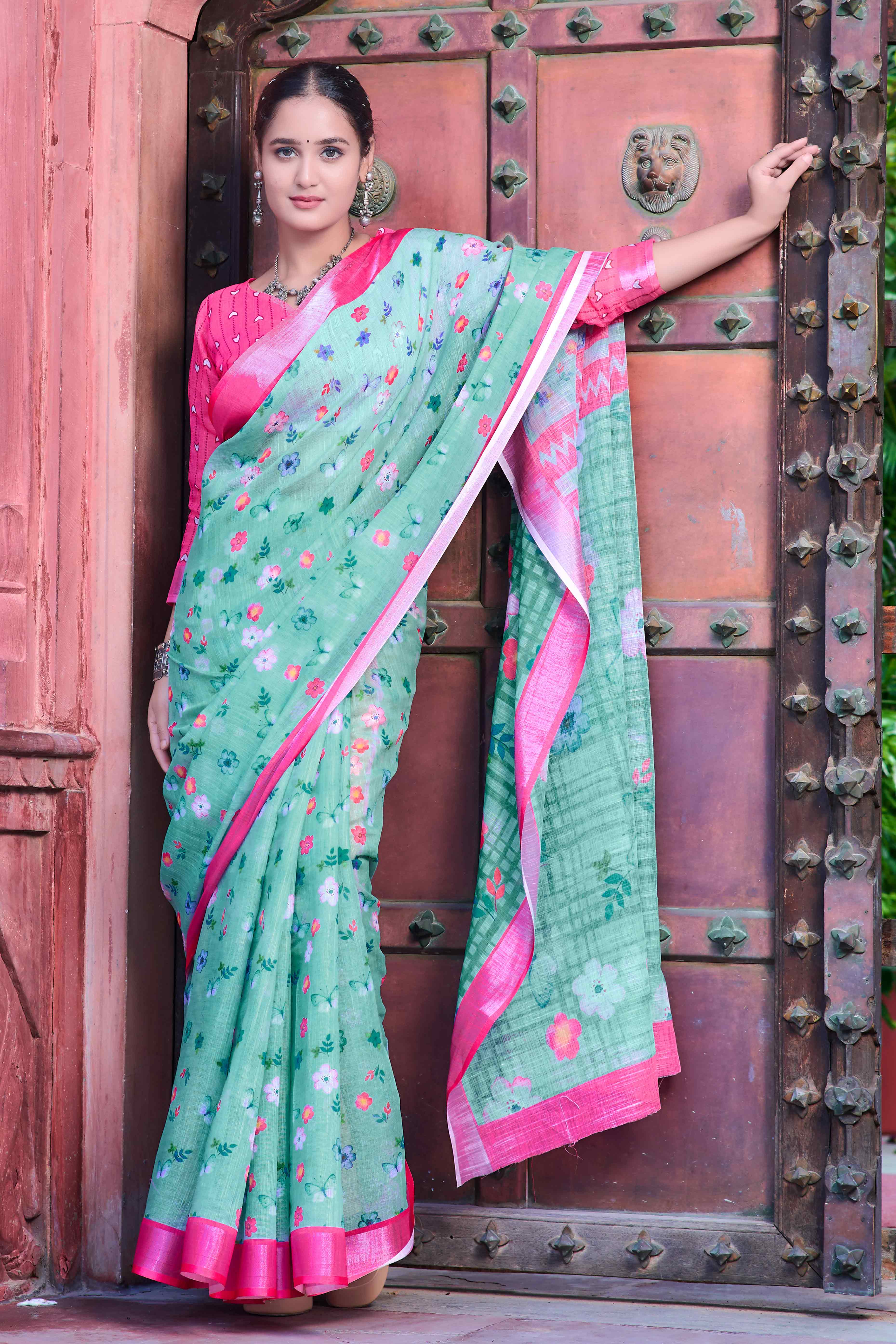 Sea Green Floral Printed Linen Saree - Image 4