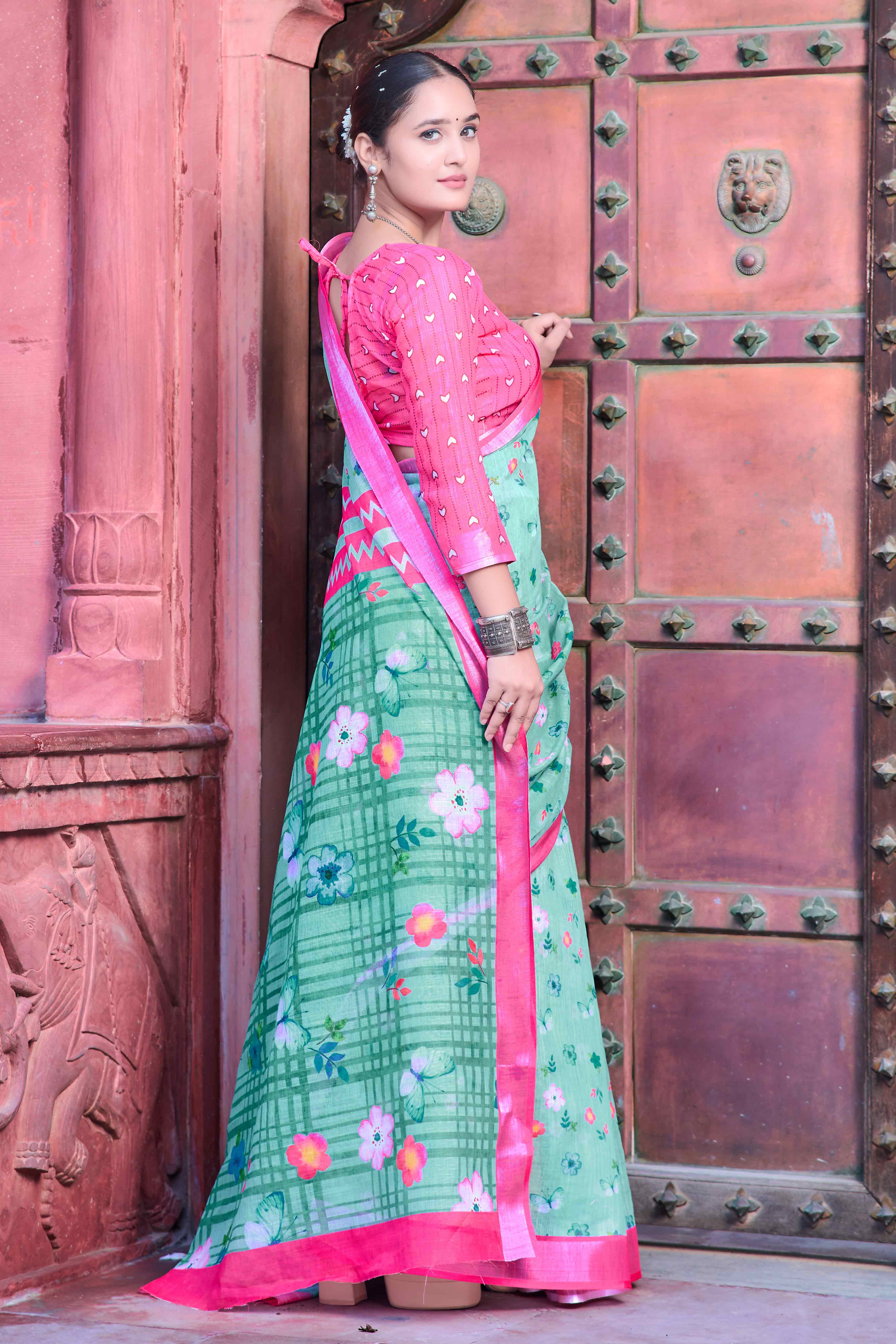 Sea Green Floral Printed Linen Saree - Image 5