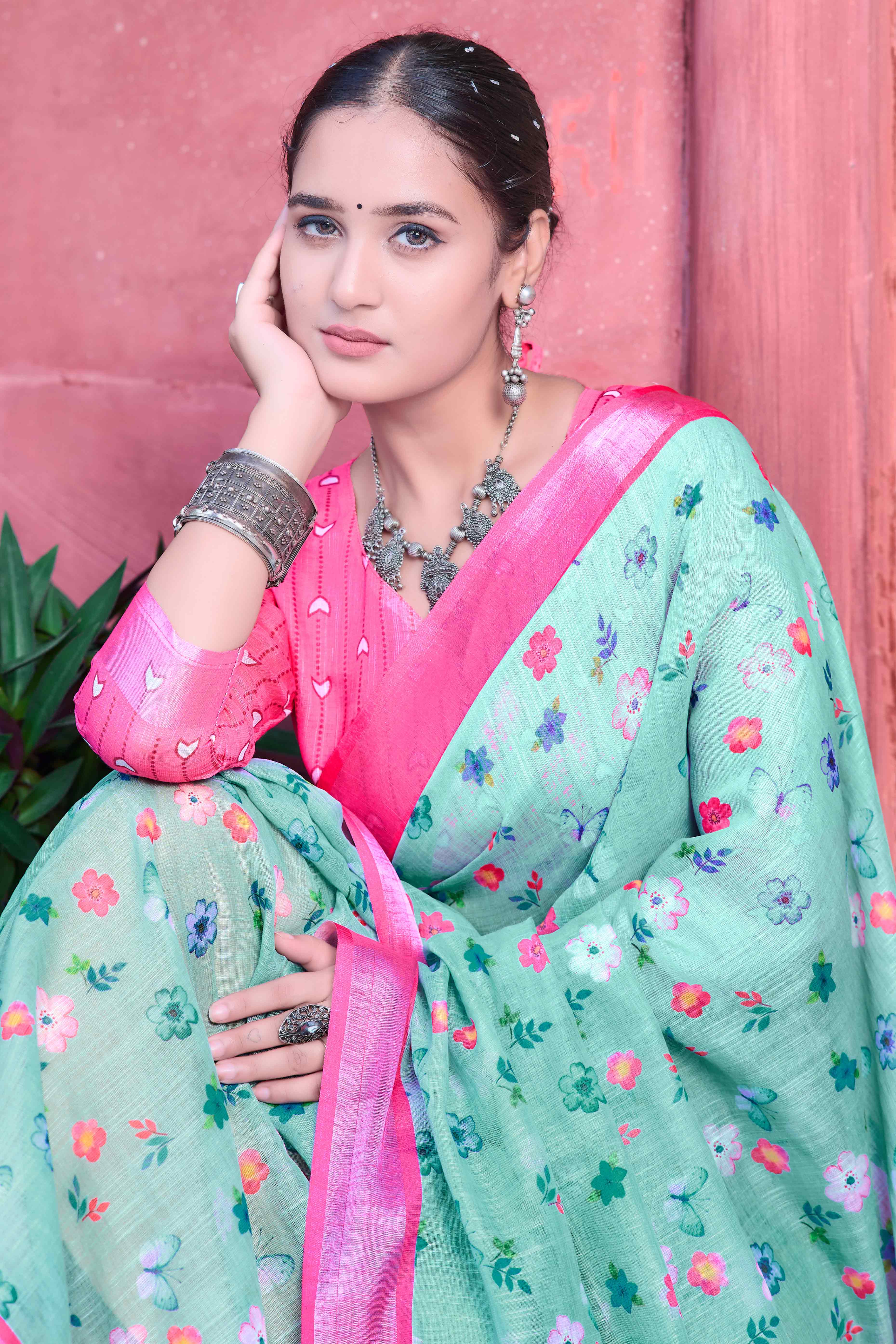Sea Green Floral Printed Linen Saree - Image 6
