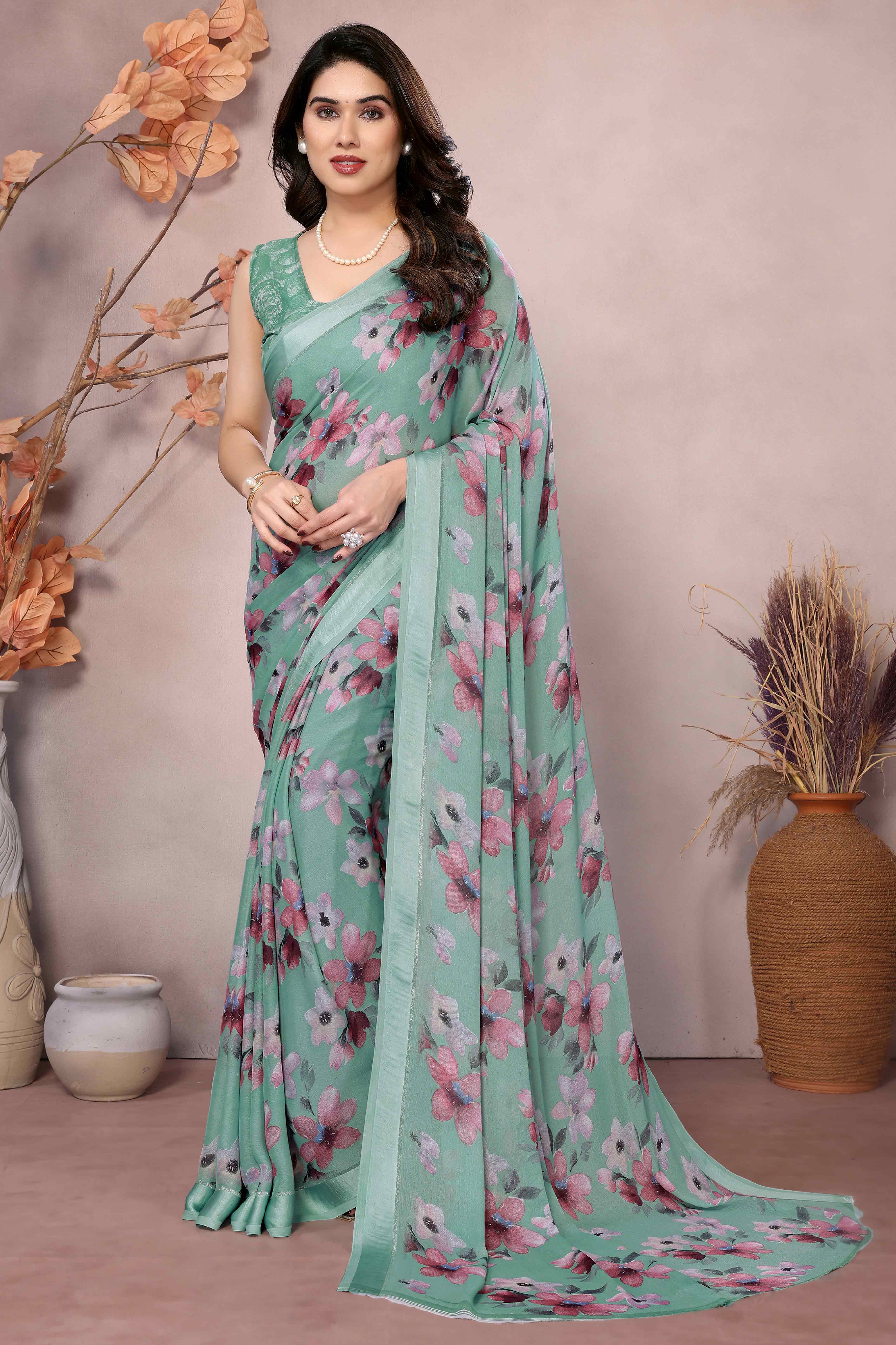 Sea Green Floral Printed Moss Art Silk Saree - Image 3