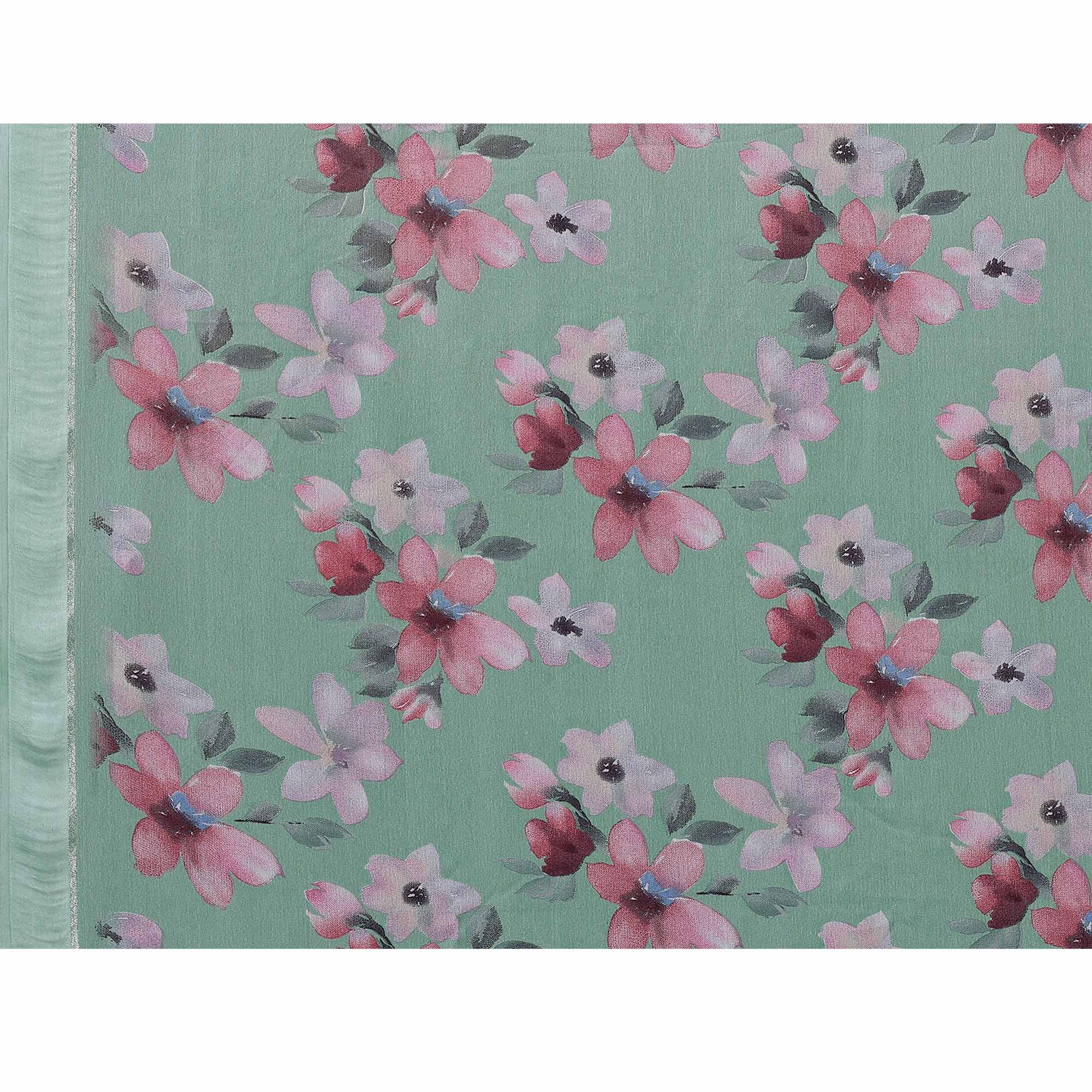 Sea Green Floral Printed Moss Art Silk Saree - Image 8