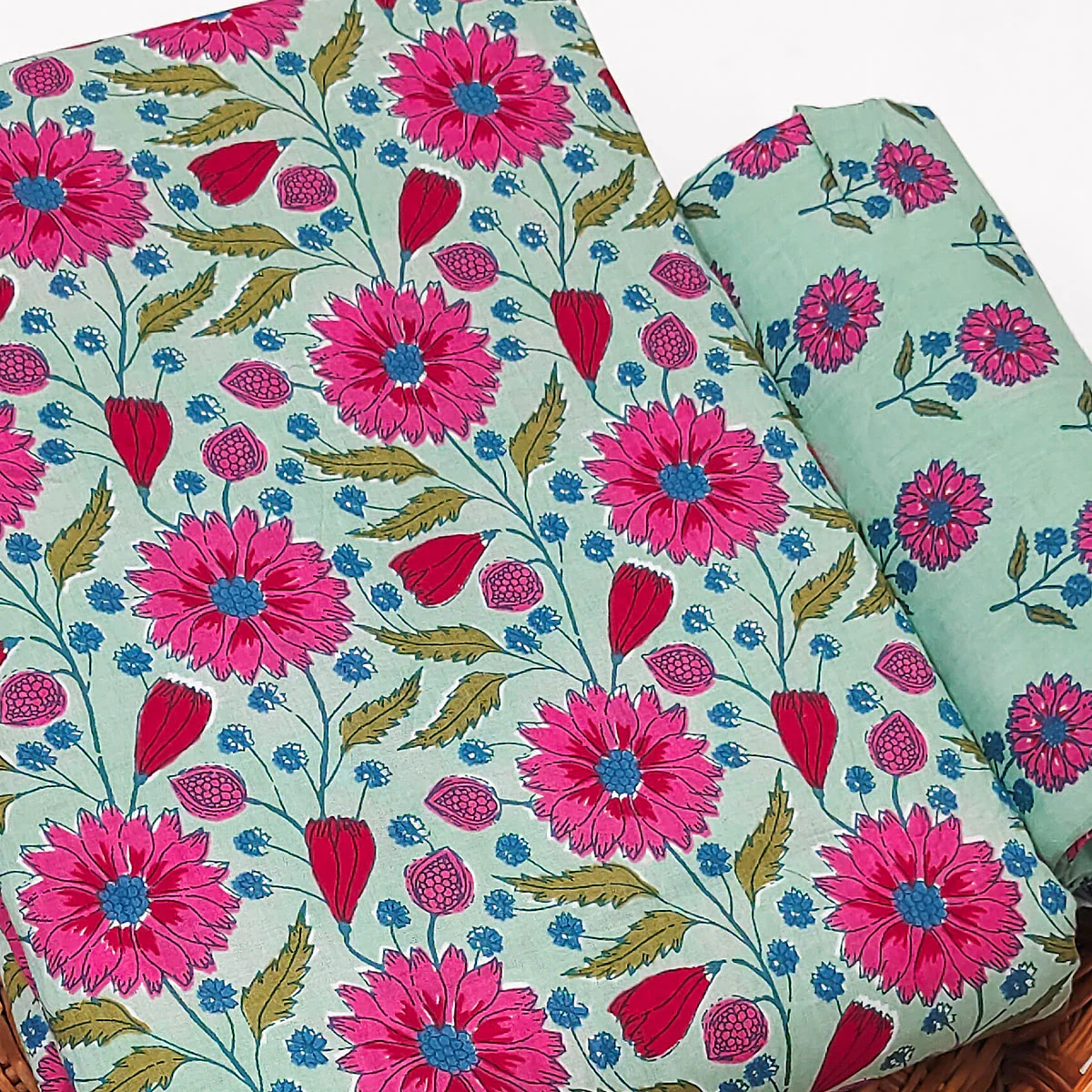 Sea Green Floral Printed Pure Cotton Dress Material - Image 2