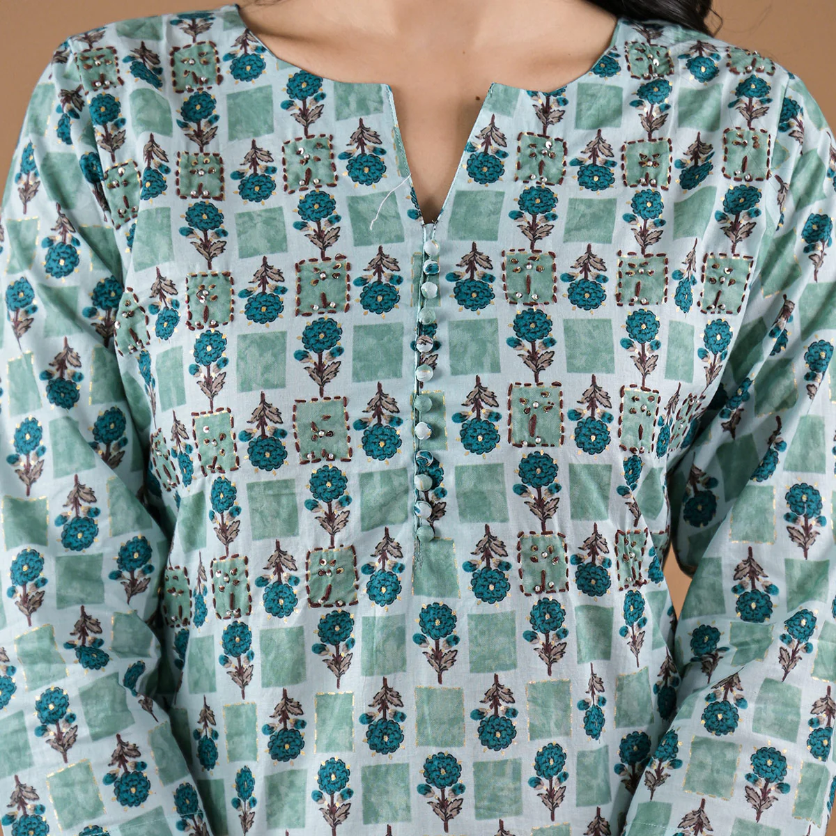 Sea Green Floral Printed Pure Cotton Straight Kurti - Image 3