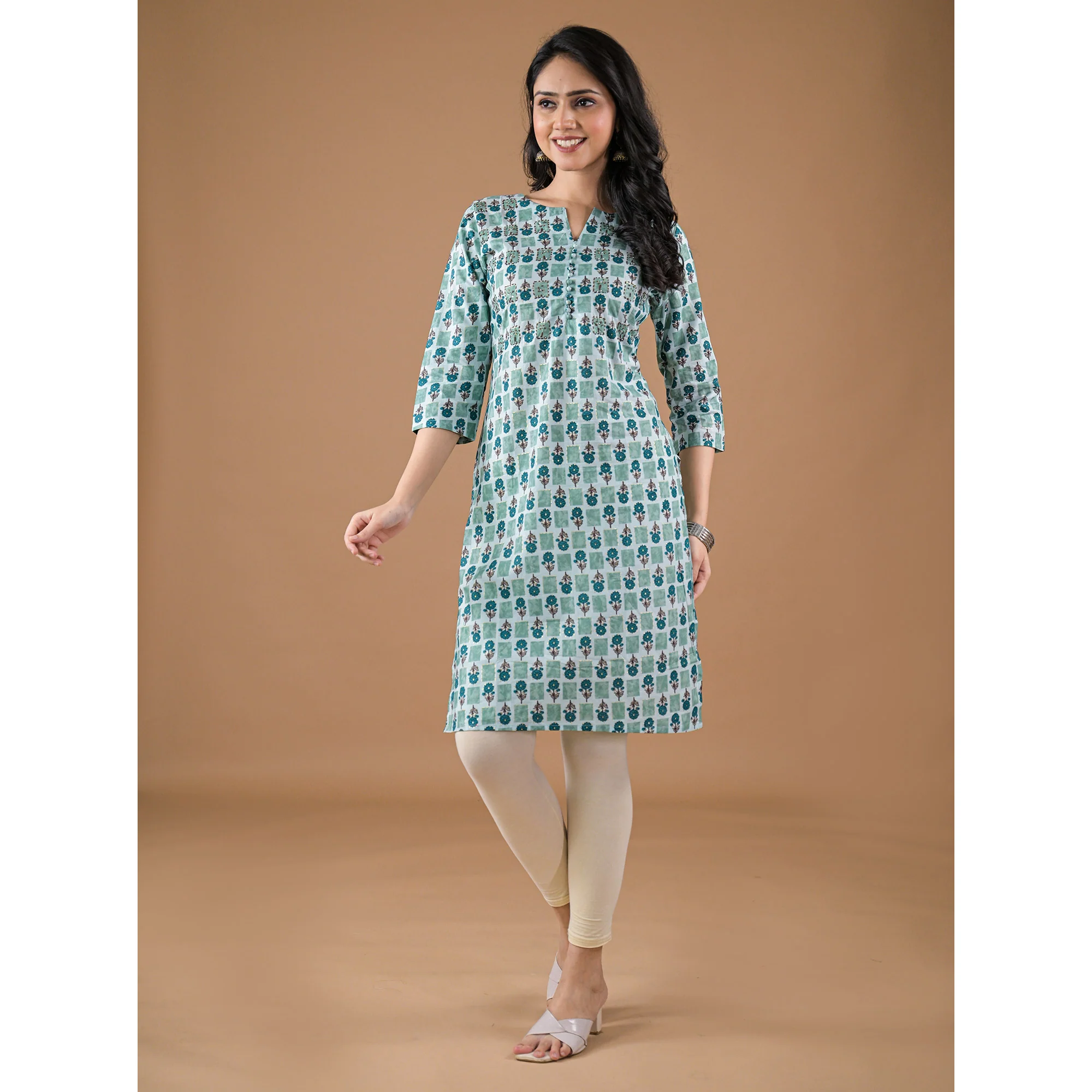 Sea Green Floral Printed Pure Cotton Straight Kurti - Image 5