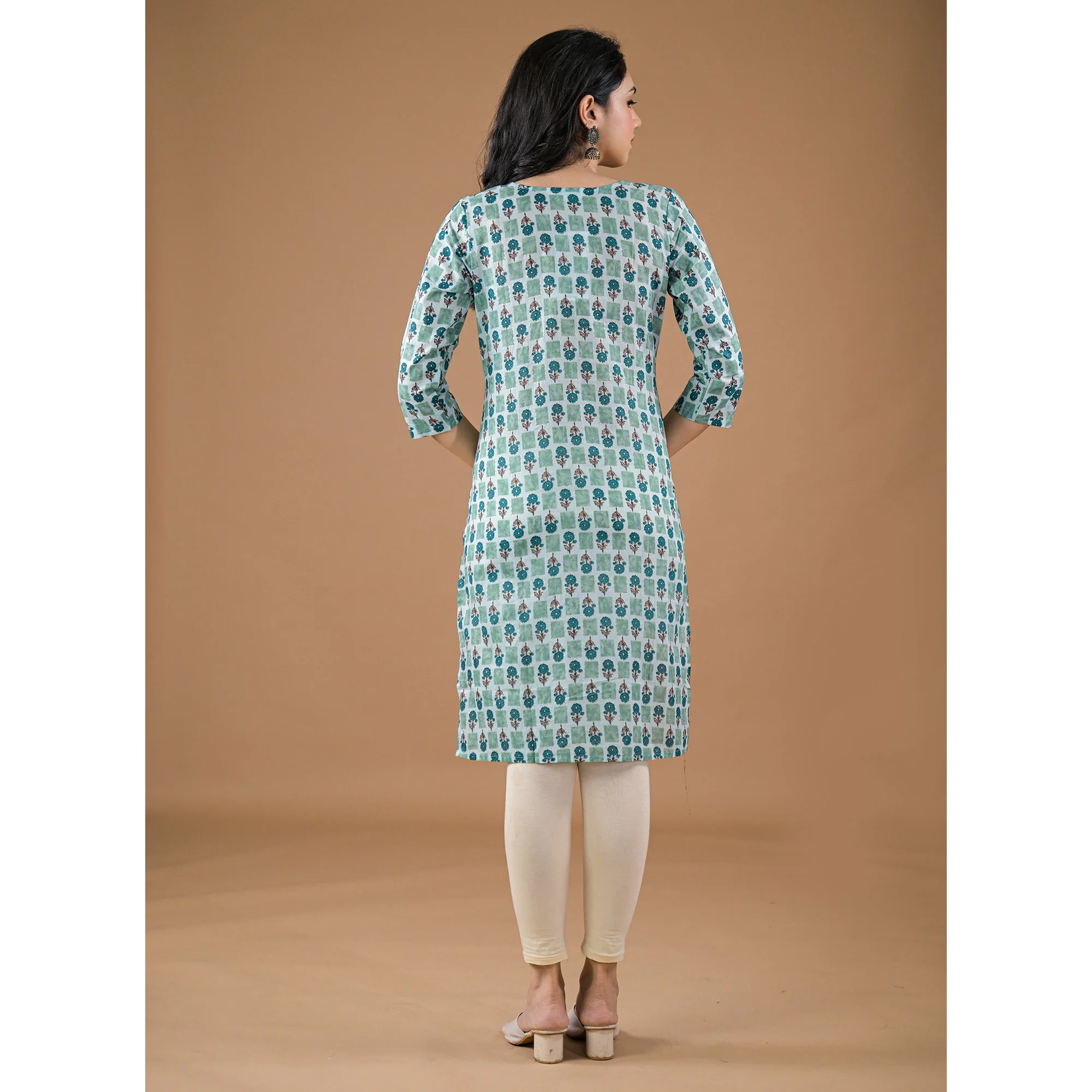 Sea Green Floral Printed Pure Cotton Straight Kurti - Image 6