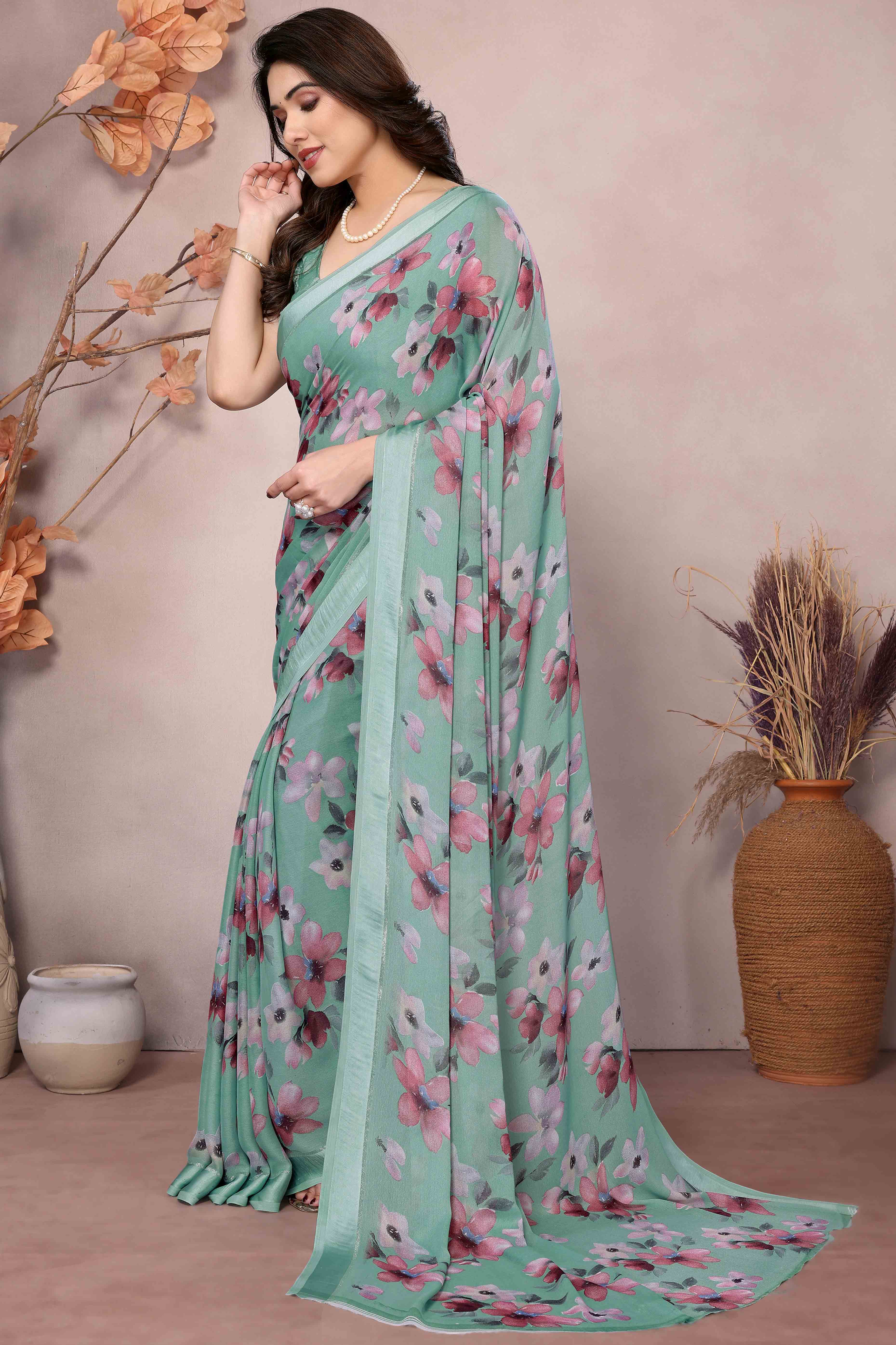 Sea Green Floral Printed Satin Saree - Image 3