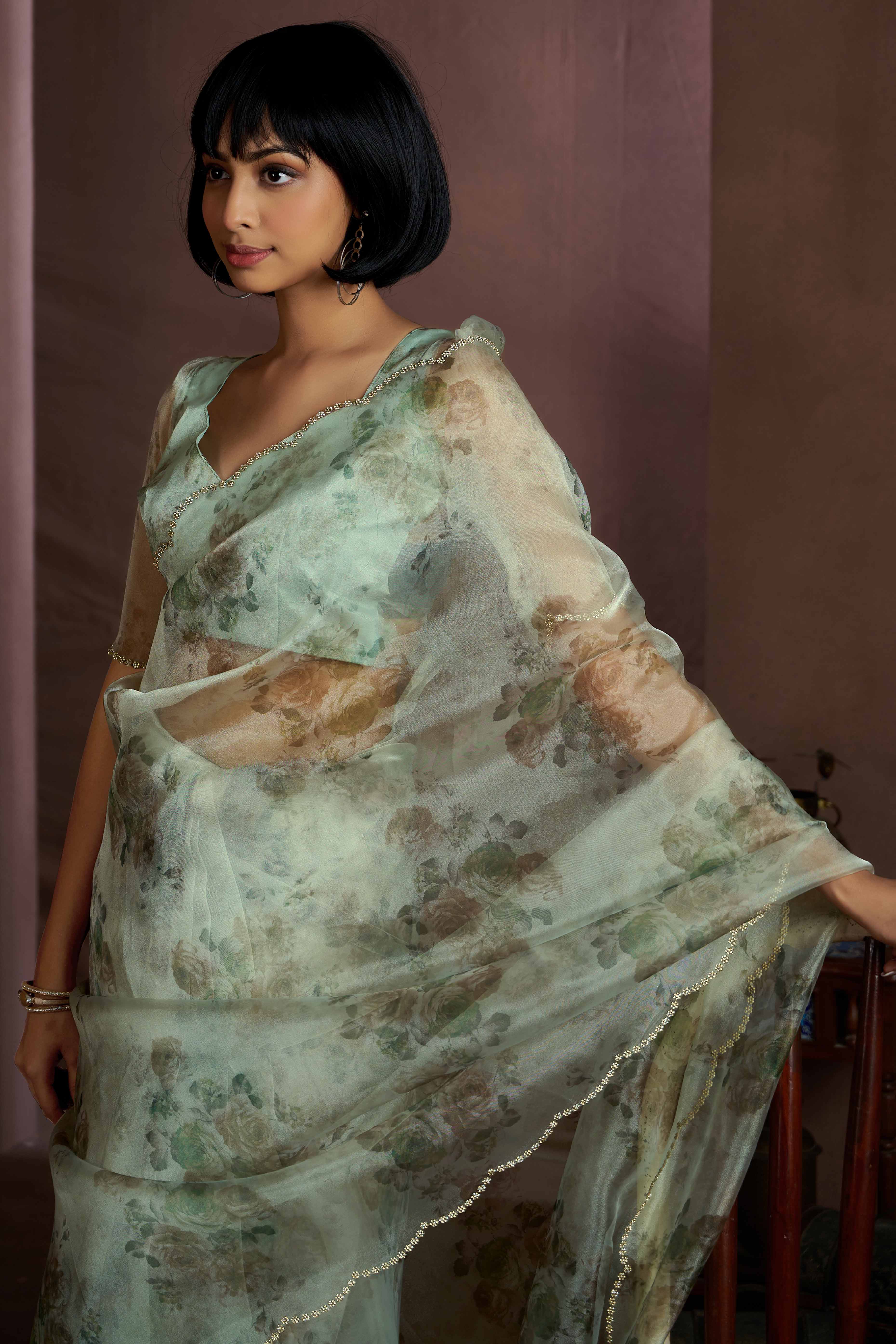 Sea Green Floral Printed Soft Organza Saree With Stone Work Border - Image 5