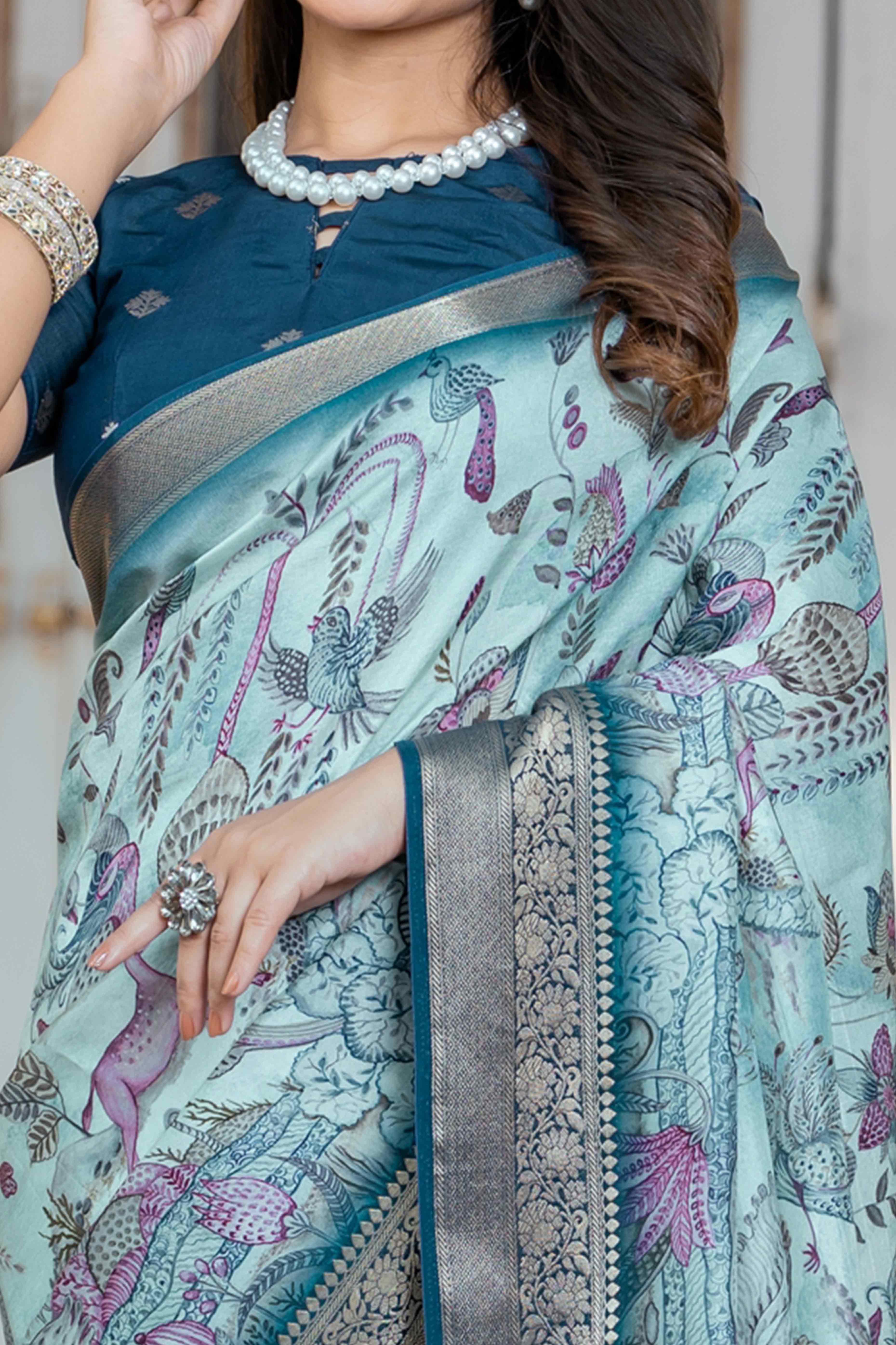 Sea Green Floral Printed Viscose Saree - Image 2