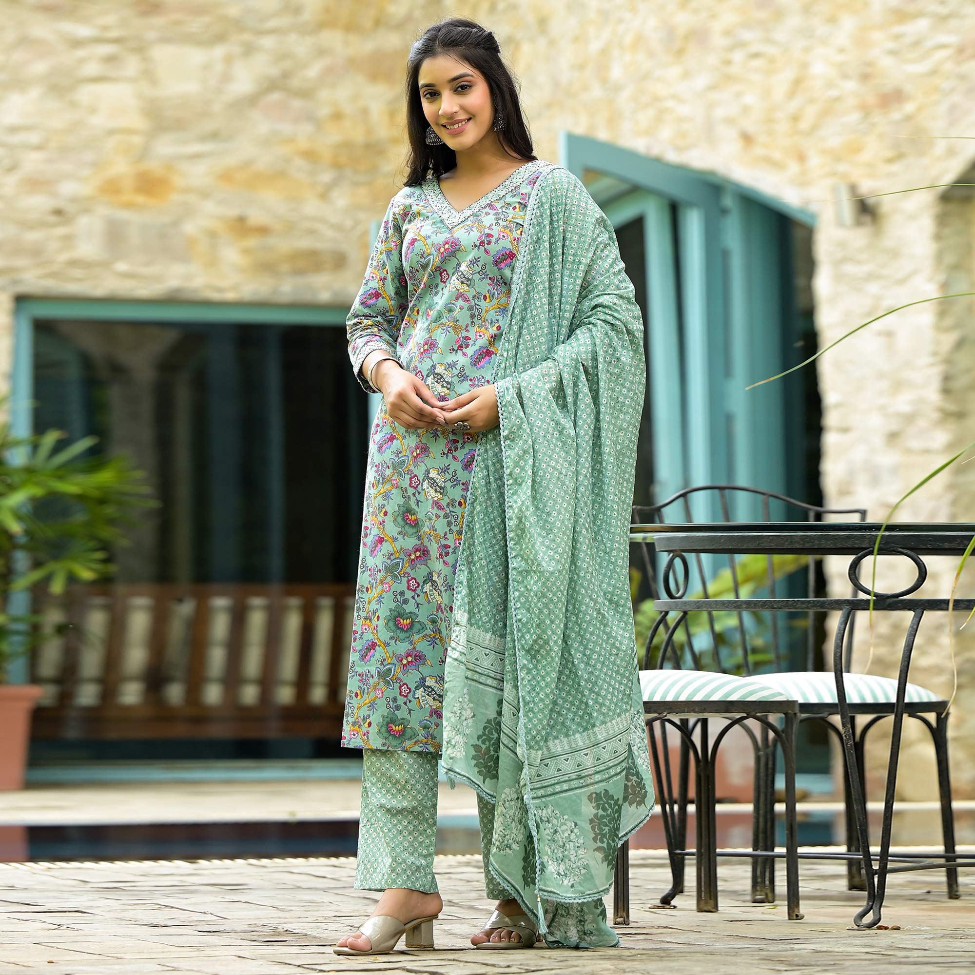 Sea Green Floral Printed With Embroidery Pure Cotton Straight Salwar Suit - Image 2