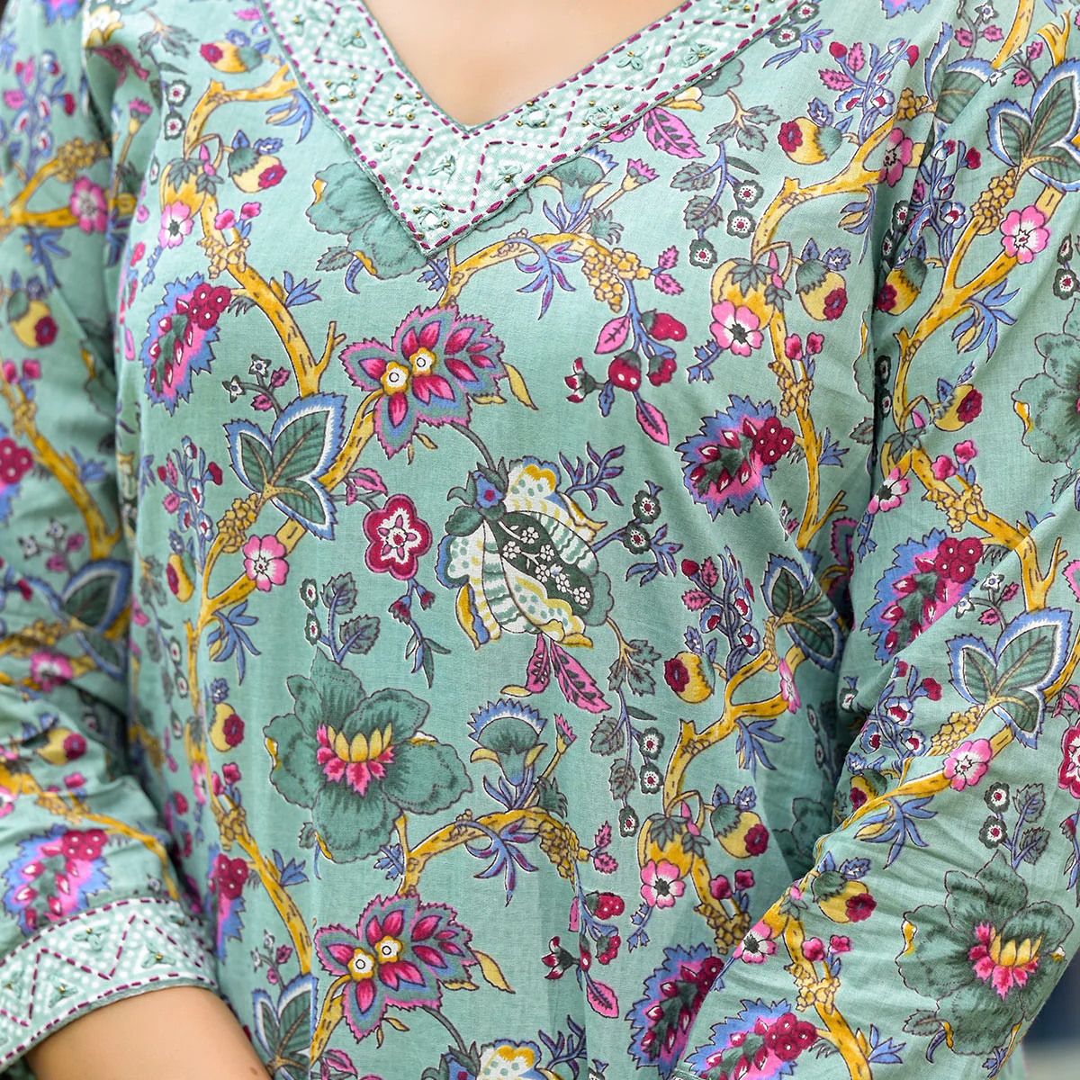 Sea Green Floral Printed With Embroidery Pure Cotton Straight Salwar Suit - Image 3