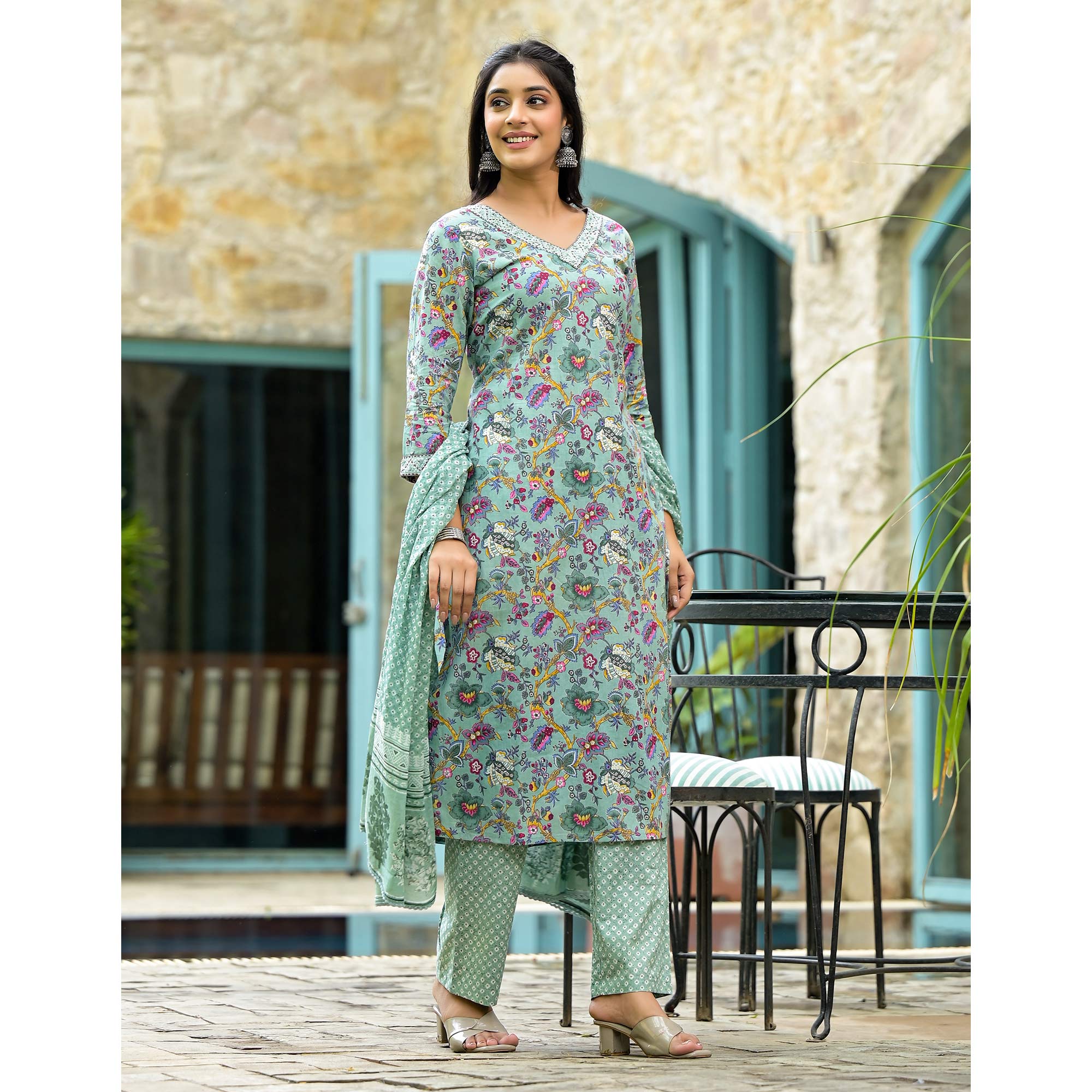 Sea Green Floral Printed With Embroidery Pure Cotton Straight Salwar Suit - Image 5