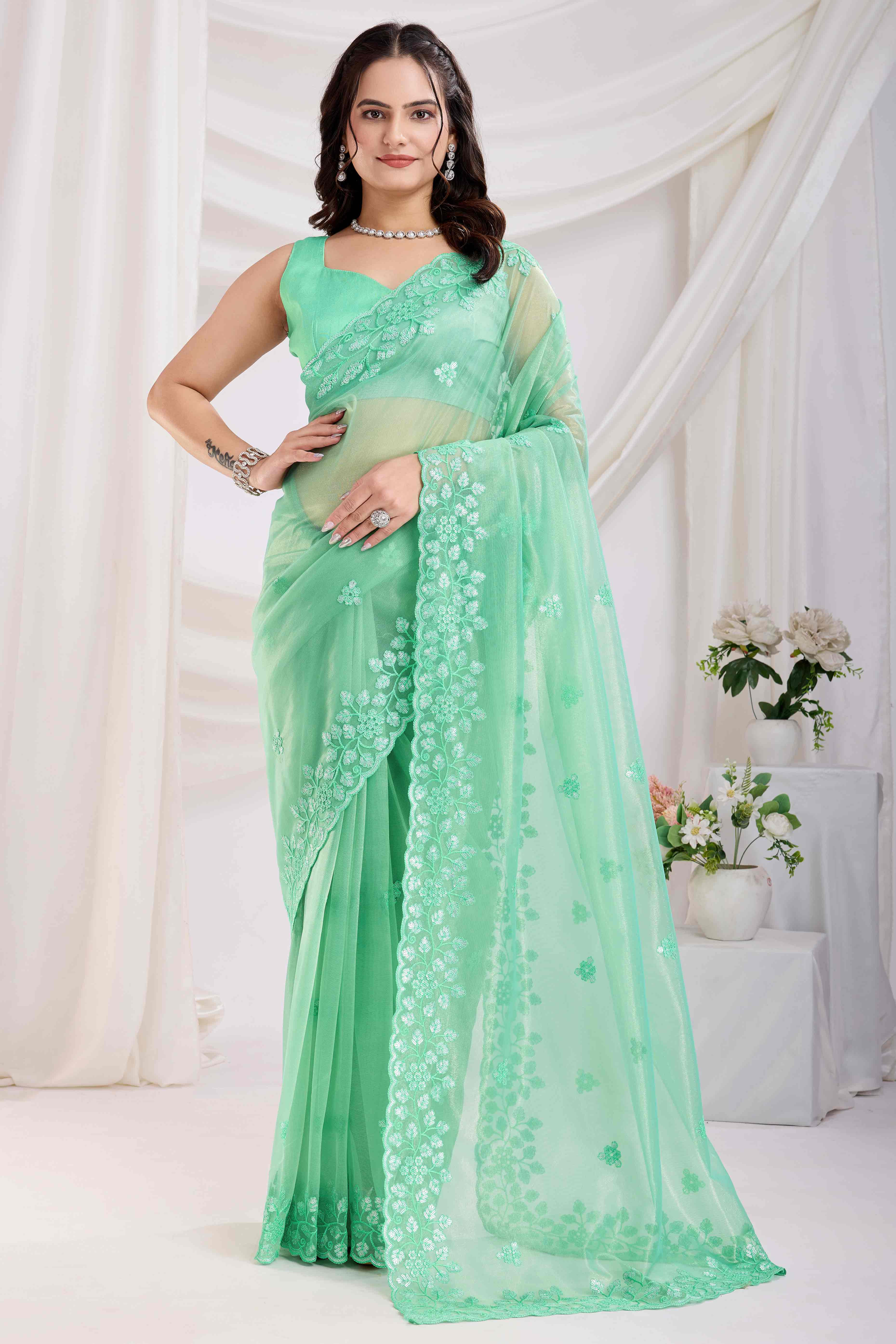 Sea Green Floral Sequins Embroidered Twill Net Saree - Image 3